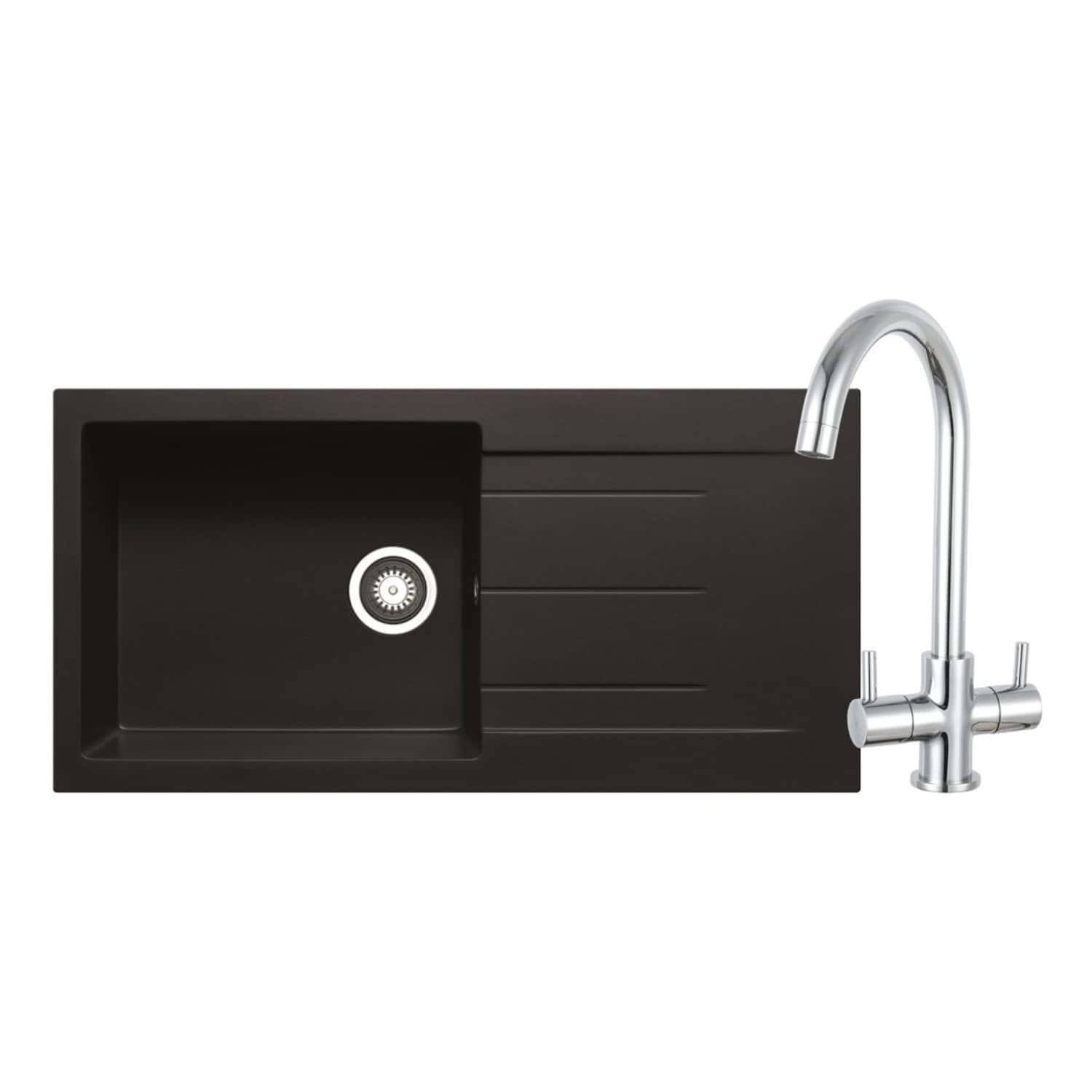 Sleek black kitchen sink with integrated draining board and modern chrome tap, ideal for contemporary kitchens, offering durability and style for efficient food prep and cleaning.