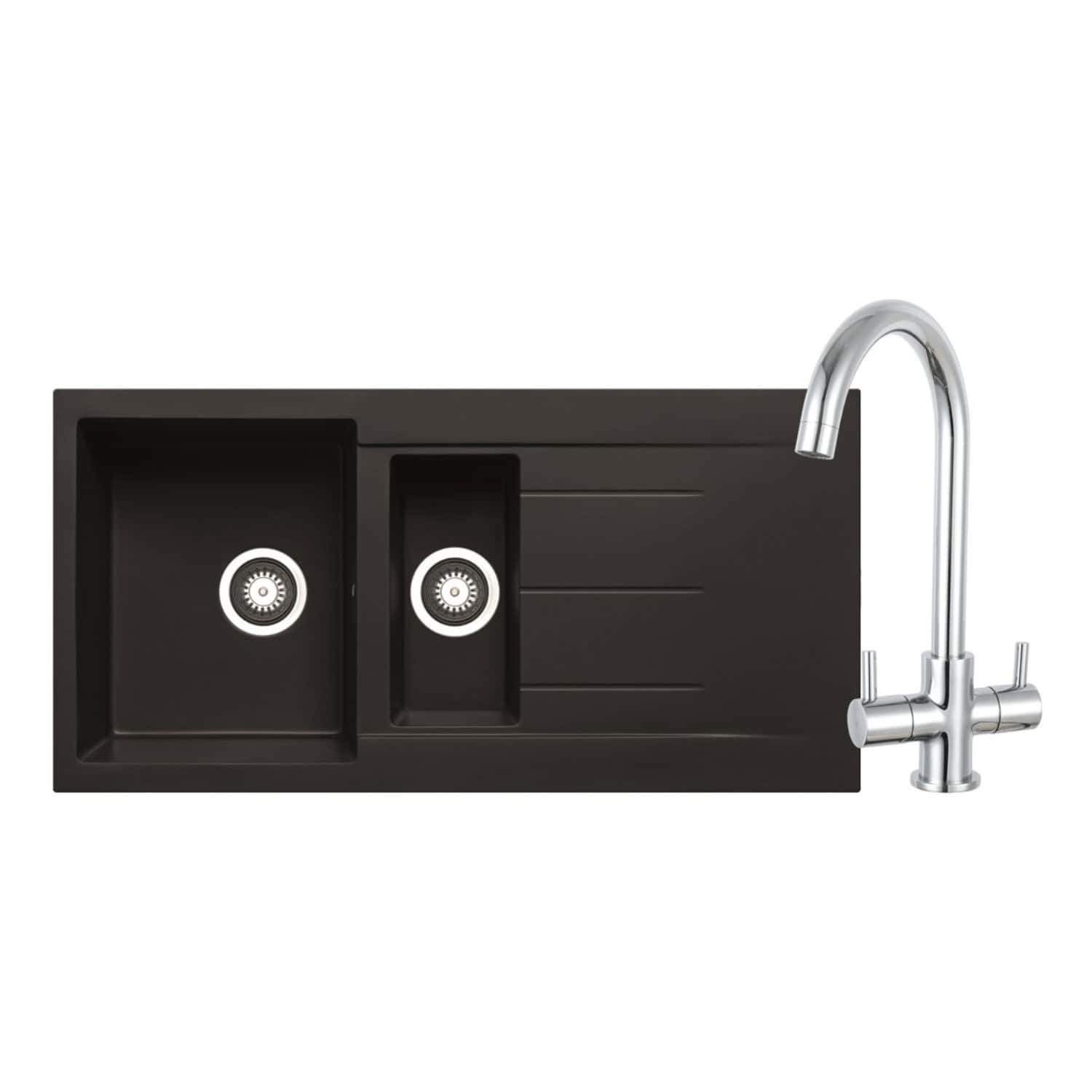 Modern black kitchen sink with integrated drainer and chrome-finished faucet, ideal for contemporary kitchens and specialised food prep areas.