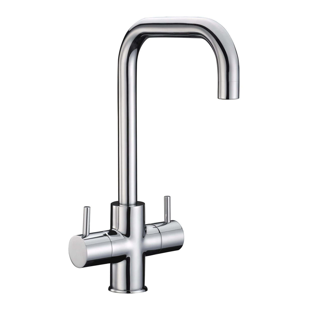 Shiny chrome kitchen tap with modern high-arc design, ideal for contemporary bathrooms or kitchens, featuring dual handles for precise water control.