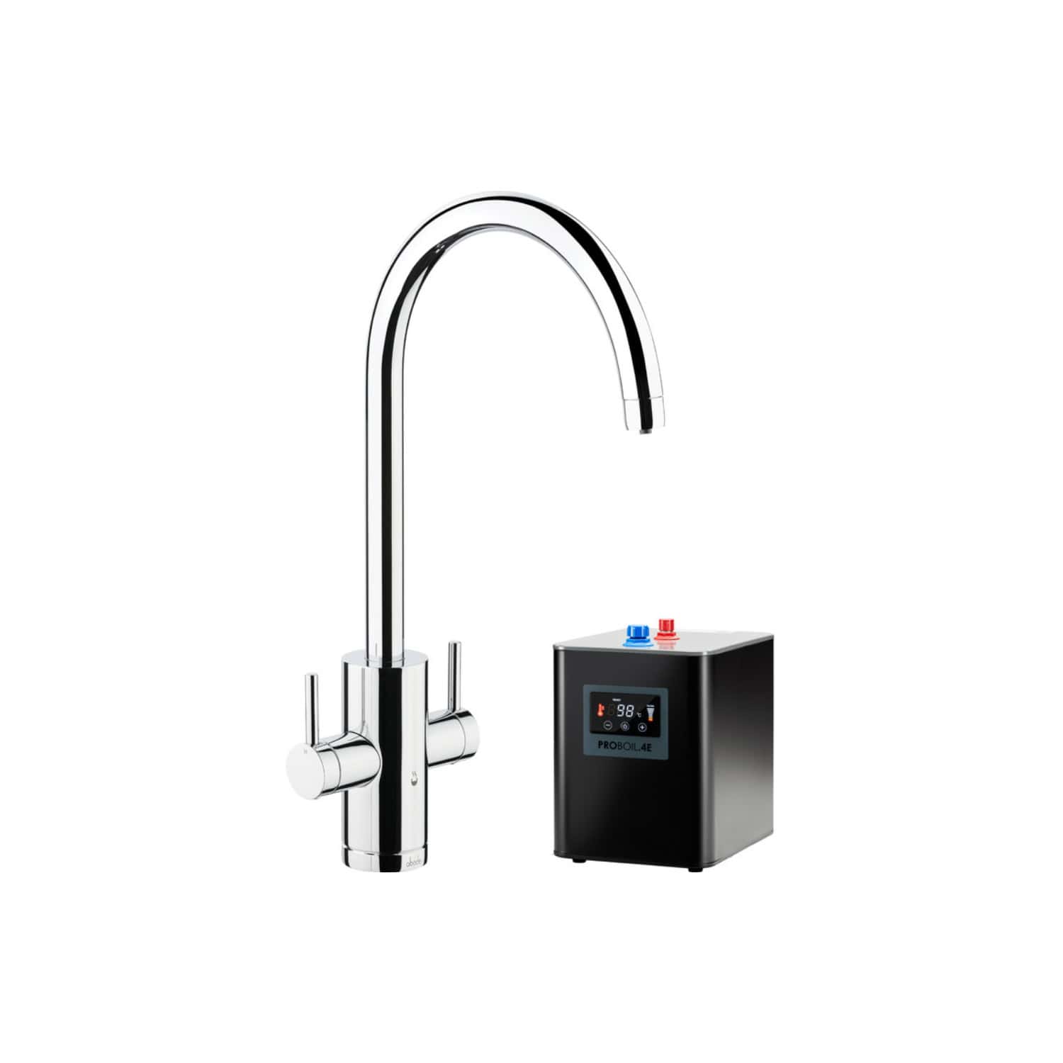 Sleek stainless steel kitchen water filter tap with electronic control unit for precise water temperature and flow regulation, ideal for modern bathrooms and kitchens.