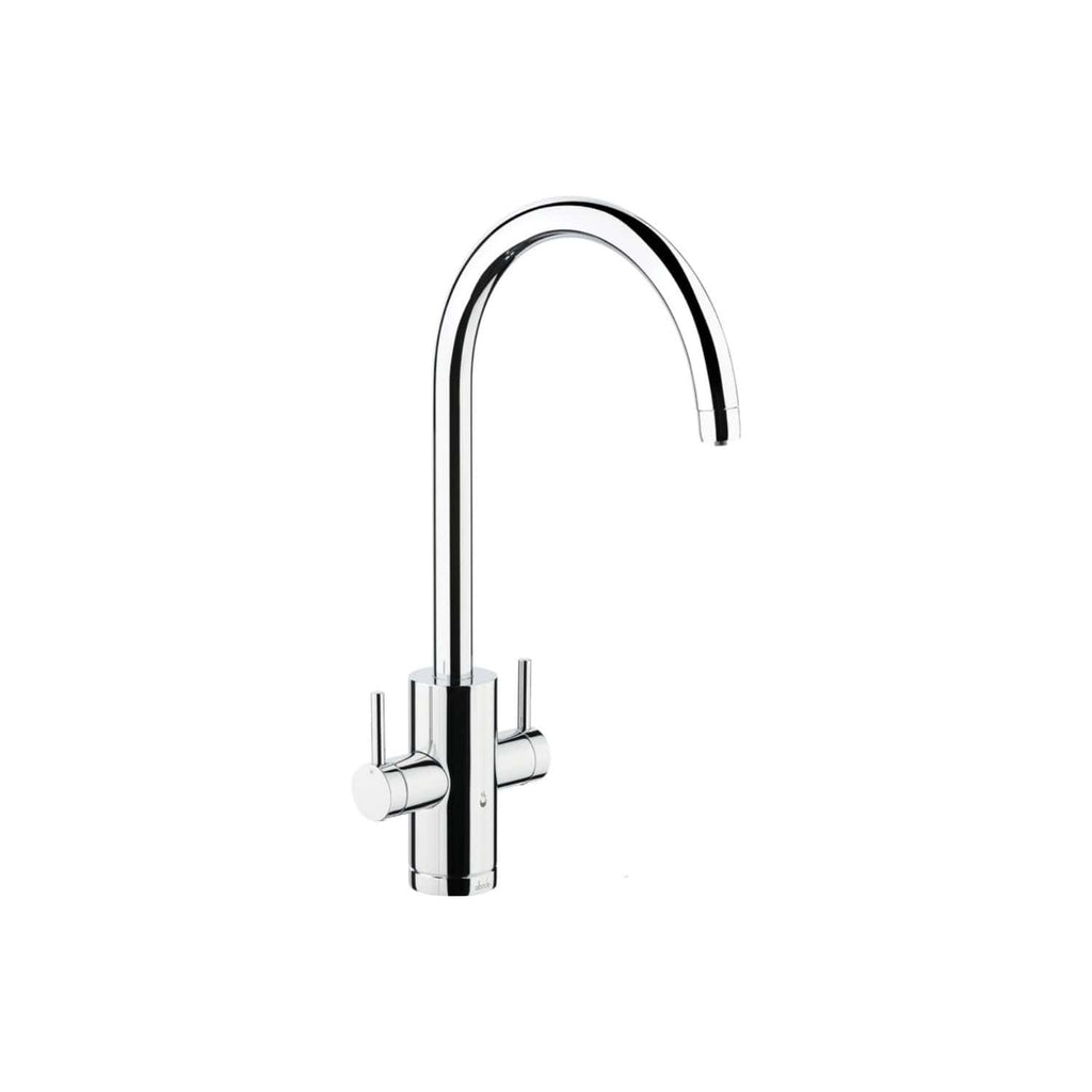 Sleek chrome kitchen tap with high-arc spout and dual control handles, ideal for modern bathrooms and kitchens. Perfect for elegant, functional water fixtures and contemporary design aesthetics.