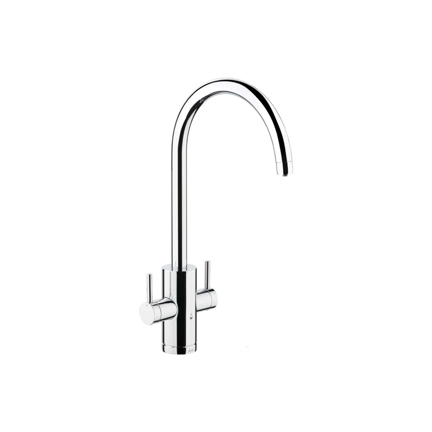 Sleek chrome kitchen tap with high-arc spout and dual control handles, ideal for modern bathrooms and kitchens. Perfect for elegant, functional water fixtures and contemporary design aesthetics.