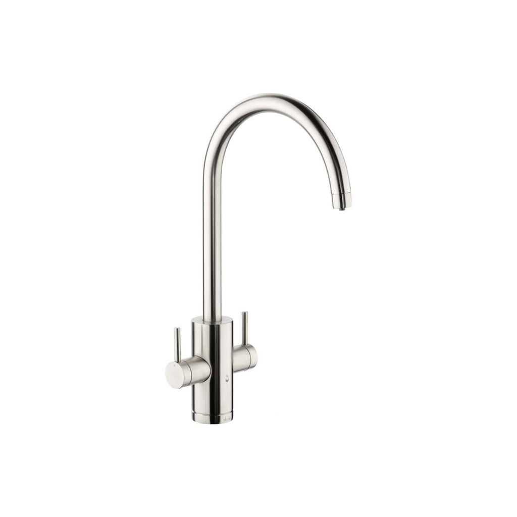 Sleek stainless steel kitchen tap with high curved spout and dual handles, ideal for modern bathroom and kitchen renovations. Designed for durability and style in Bubly Bathrooms collections.