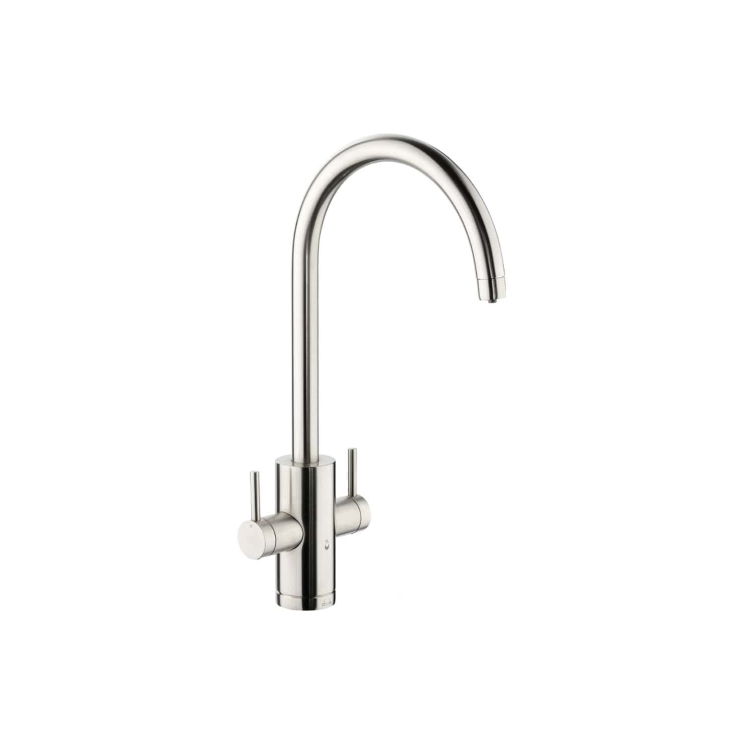 Sleek stainless steel kitchen tap with high curved spout and dual handles, ideal for modern bathroom and kitchen renovations. Designed for durability and style in Bubly Bathrooms collections.