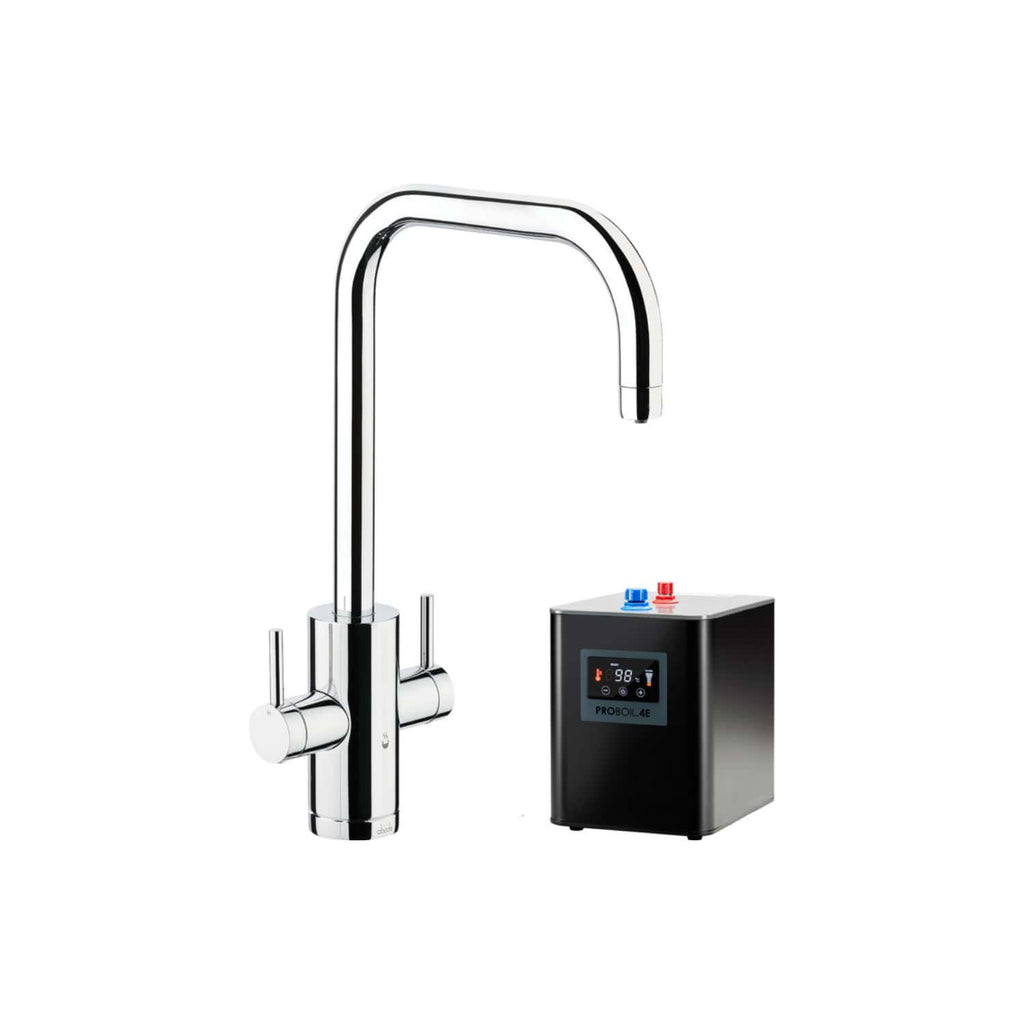 Sleek stainless steel touchless boiling water tap with digital control box, ideal for modern bathrooms; energy-efficient and hygienic for everyday use.