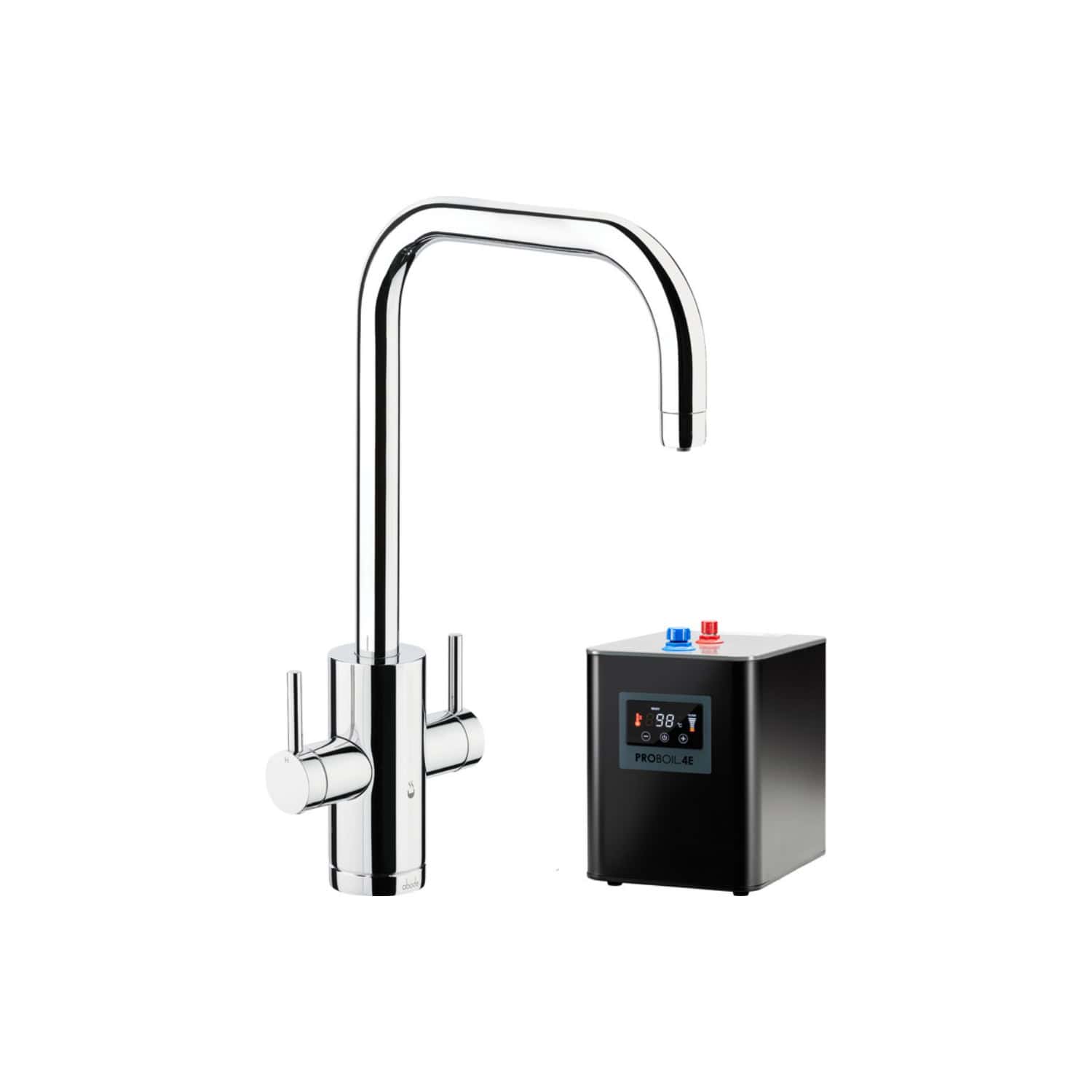 Sleek stainless steel touchless boiling water tap with digital control box, ideal for modern bathrooms; energy-efficient and hygienic for everyday use.