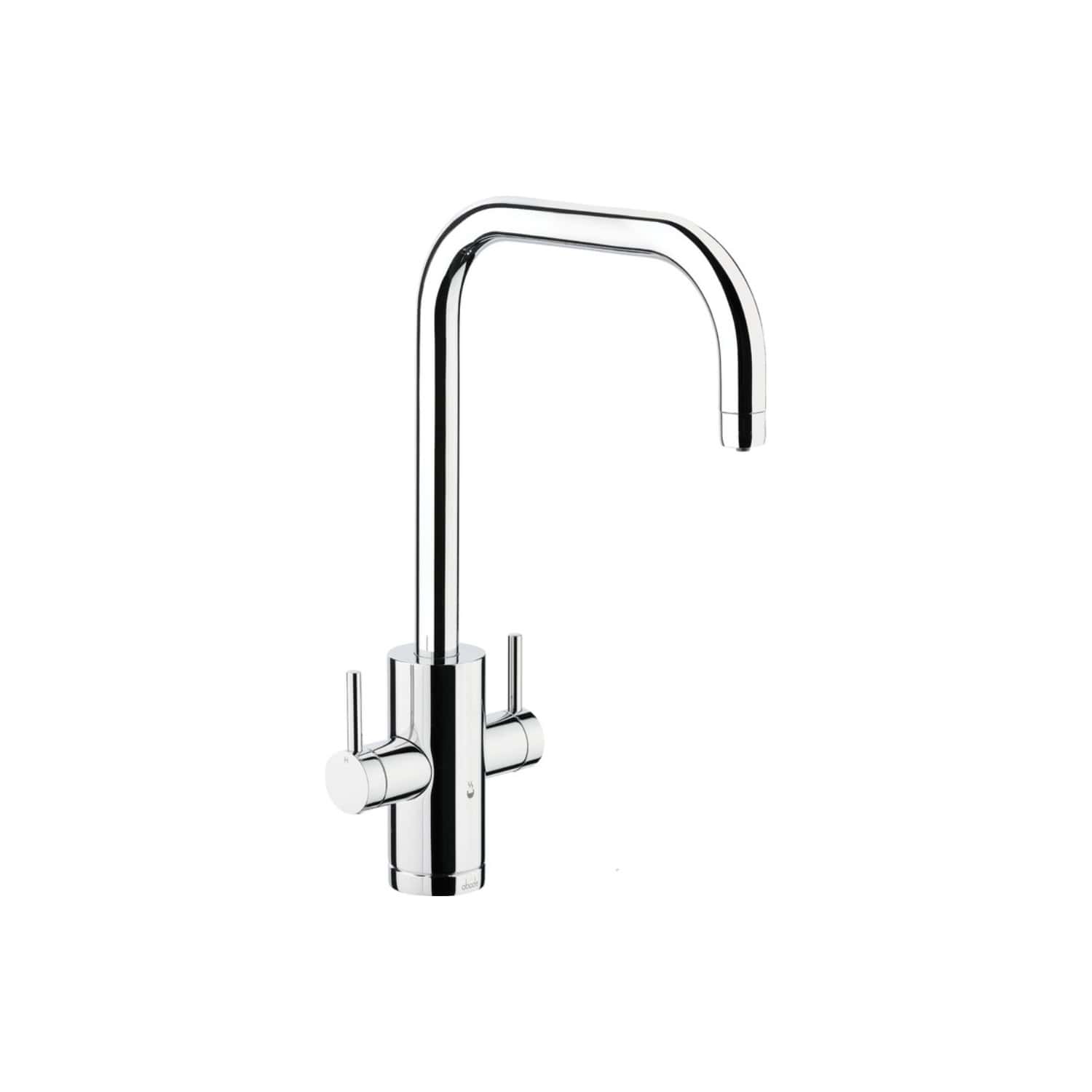 Sleek modern chrome kitchen tap with high-arc spout and dual lever handles, ideal for contemporary bathroom or kitchen sink installations, offering stylish functionality.
