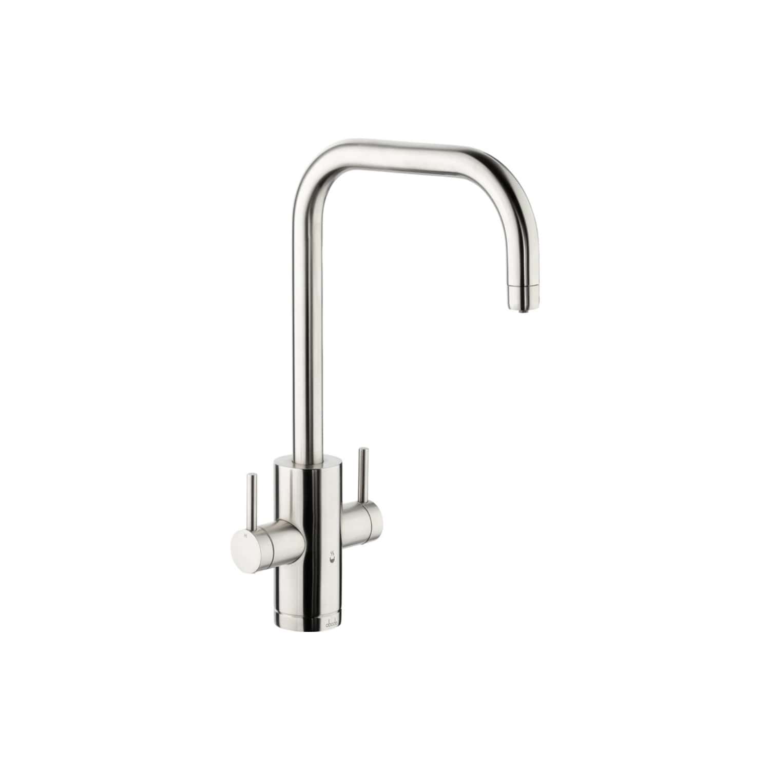 Stainless steel kitchen sink mixer tap with dual handles and high-arc spout, modern and sleek design, ideal for contemporary bathrooms and kitchens. Perfect for added style and functionality.