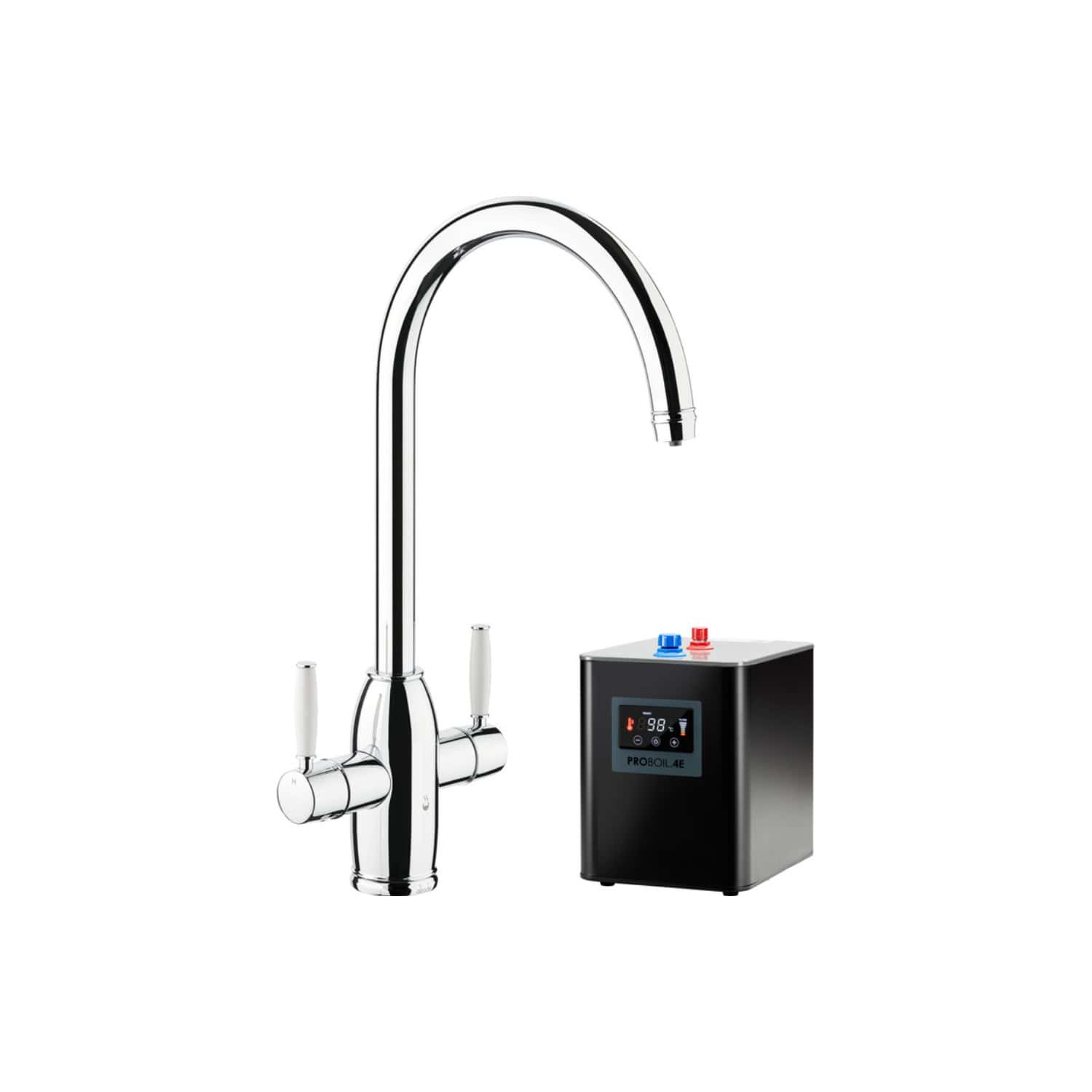 Chrome commercial boiling water tap with touch control and digital display, ideal for modern kitchens and bathrooms, providing instant hot water with energy efficiency.