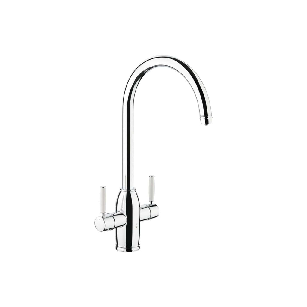 Sleek chrome kitchen tap with dual handles and high-arc spout, ideal for modern bathroom and kitchen renovation projects. Perfect for installing in Bubly Bathrooms' stylish plumbing solutions.