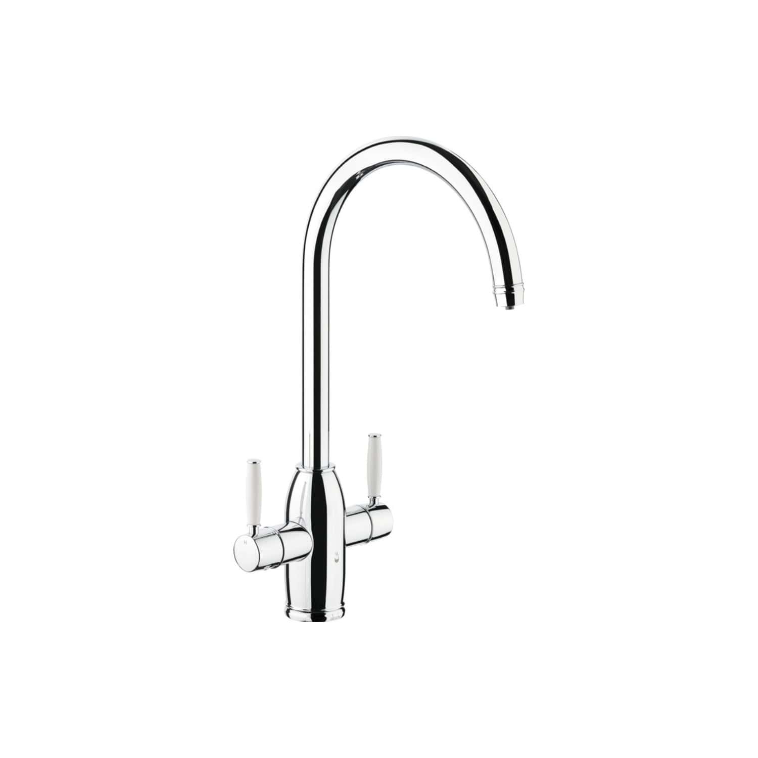 Sleek chrome kitchen tap with dual handles and high-arc spout, ideal for modern bathroom and kitchen renovation projects. Perfect for installing in Bubly Bathrooms' stylish plumbing solutions.