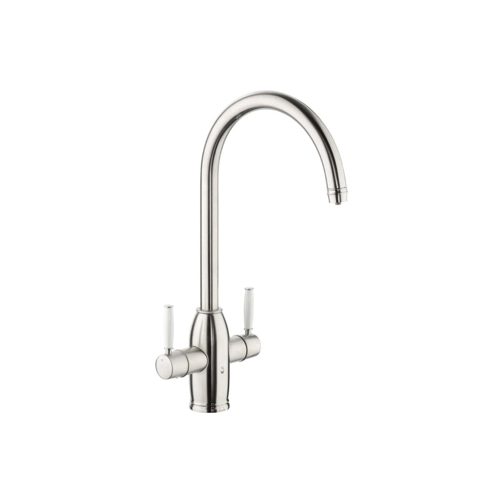 Shiny stainless steel kitchen tap with dual lever handles and high-arc spout, ideal for modern bathroom or kitchen renovations. Durable and stylish design from Bubly Bathrooms.