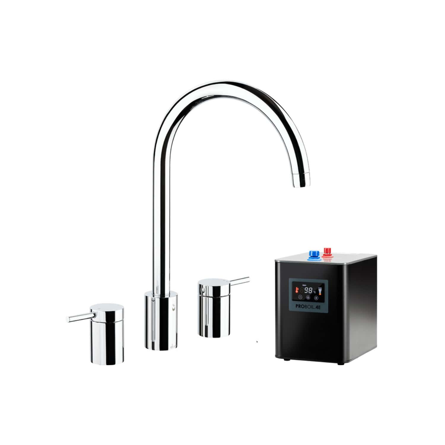 Chrome kitchen sink tap with built-in water boiler and digital temperature display for luxury bathroom or kitchen upgrade.