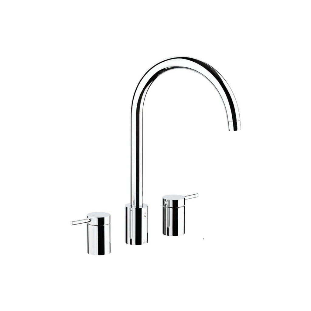 Sleek chrome kitchen tap with dual handles and high-arc spout, ideal for modern bathrooms and kitchens. Durable stainless steel finish offers corrosion resistance and easy cleaning.
