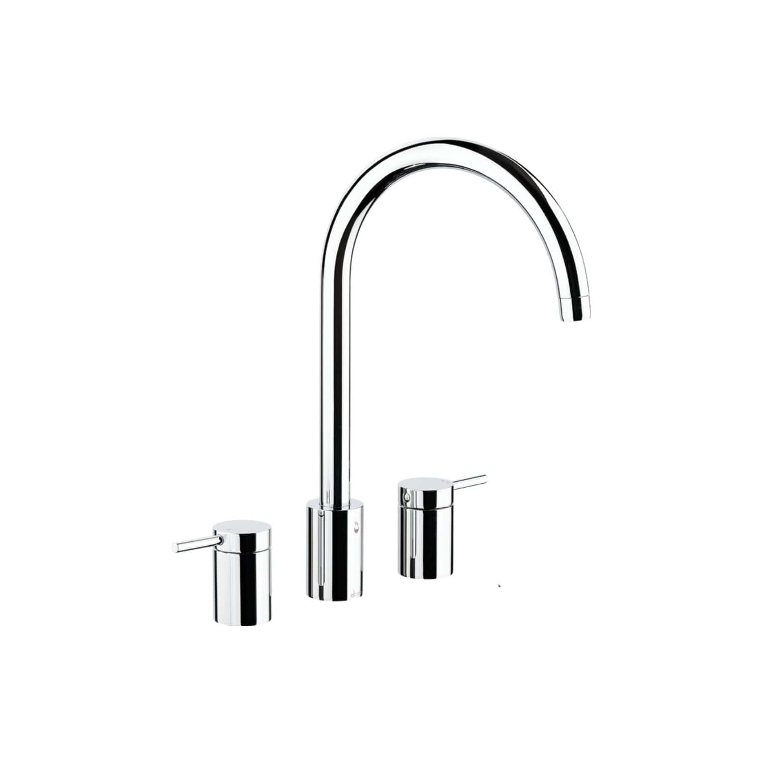Sleek chrome kitchen tap with dual handles and high-arc spout, ideal for modern bathrooms and kitchens. Durable stainless steel finish offers corrosion resistance and easy cleaning.