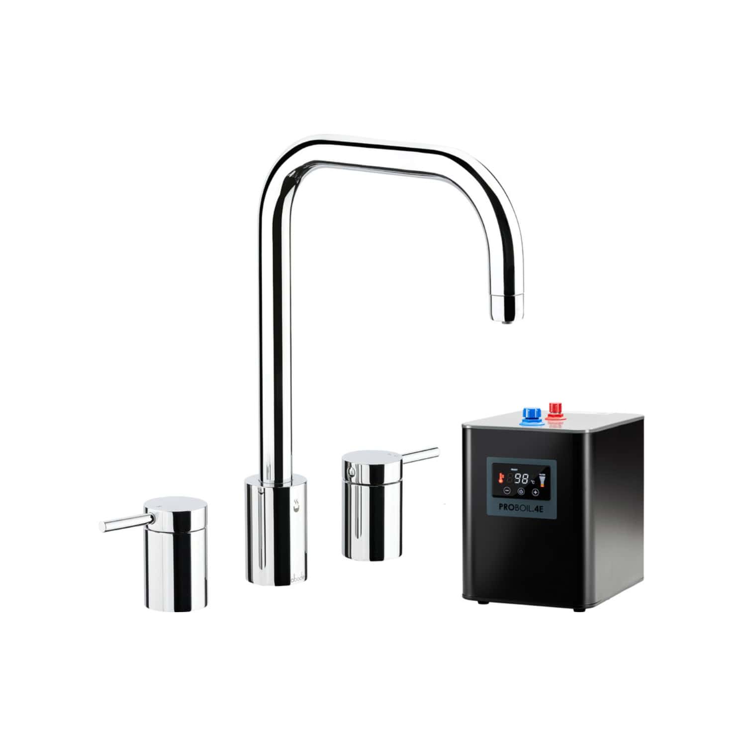 High-quality chrome commercial water filtration system with tap, spray, and digital control panel for optimal water purification in bathrooms or kitchens.