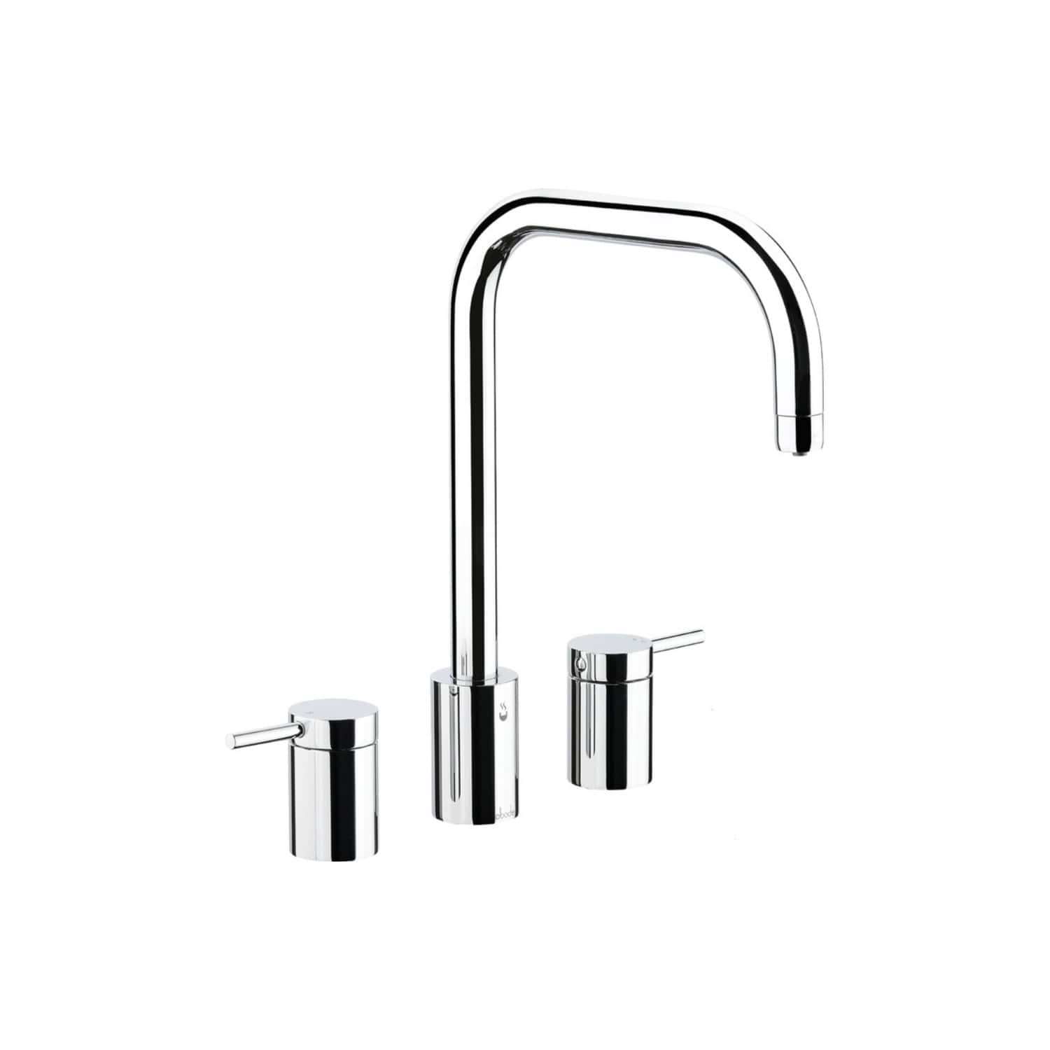 Sleek chrome kitchen tap with dual handles and high-arc spout, ideal for modern bathrooms and kitchens. Durable and stylish design for convenient water flow control.
