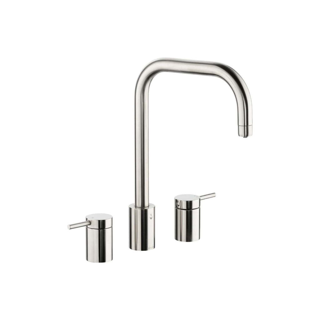 Sleek stainless steel kitchen tap with dual handles and high-arc spout, modern bathroom fixtures for stylish and functional kitchen or bathroom sink installation.