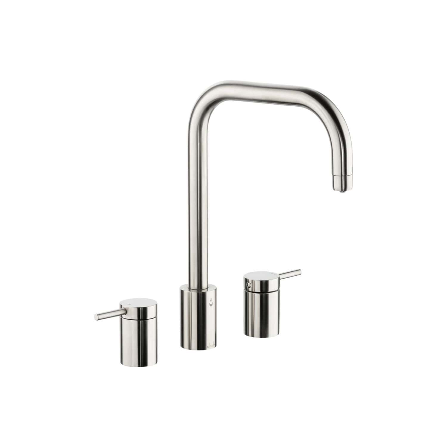 Sleek stainless steel kitchen tap with dual handles and high-arc spout, modern bathroom fixtures for stylish and functional kitchen or bathroom sink installation.