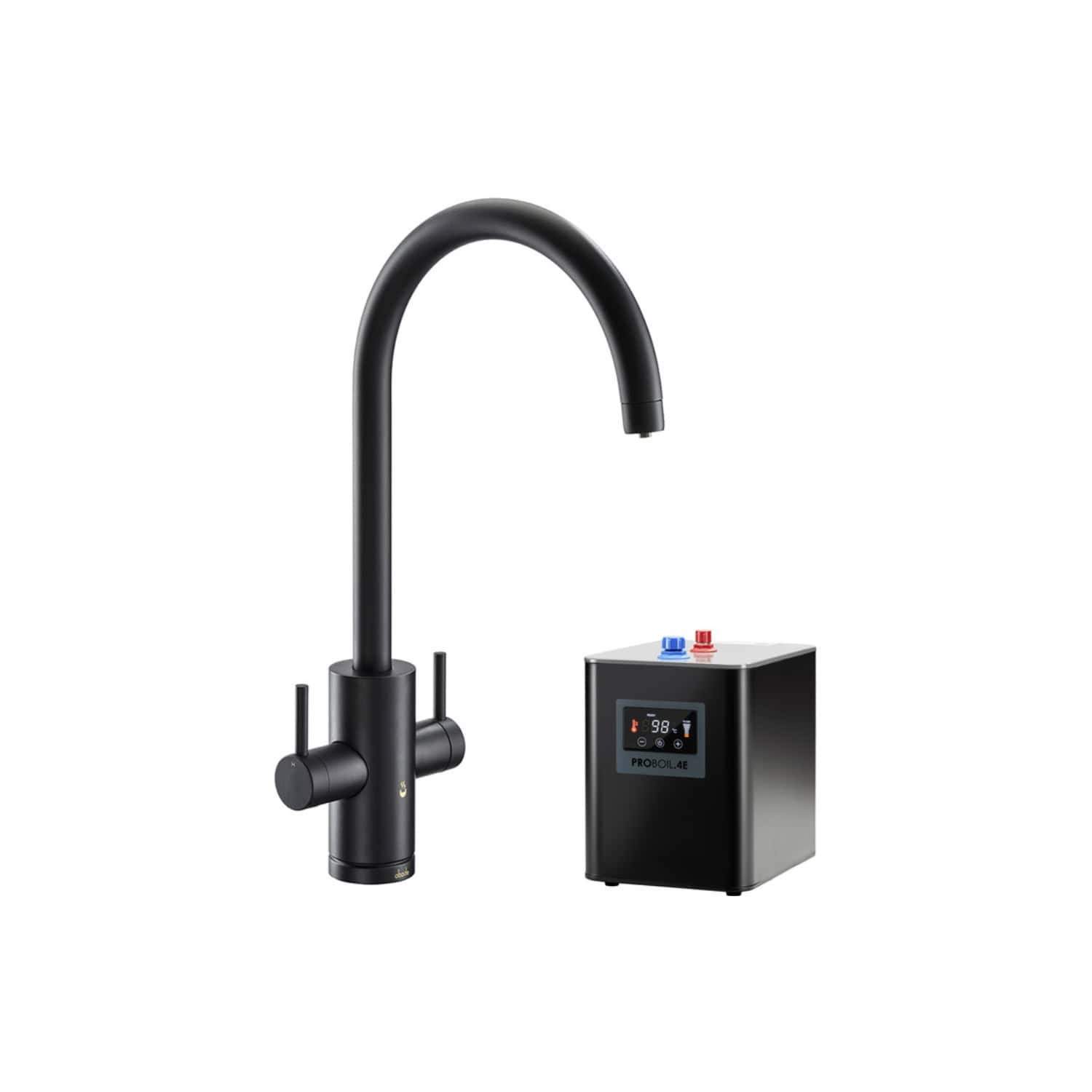 Sleek black kitchen tap with flexible spout and digital temperature control, designed for modern bathrooms and kitchens. Includes a separate electronic control unit for precise water temperature regulation.