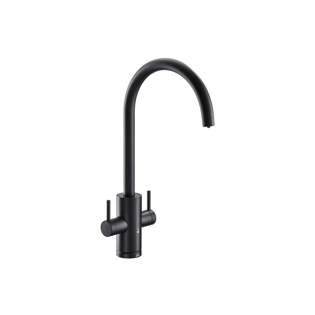 Sleek black kitchen tap with modern curved design, ideal for contemporary bathrooms and kitchens, featuring easy-to-use handles and durable construction.