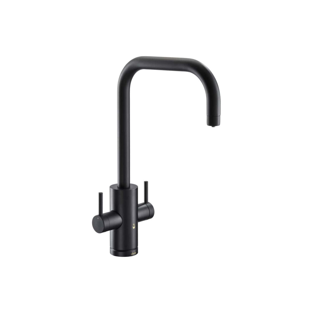 Sleek black kitchen tap with modern curved spout and dual control handles from Bubly Bathrooms, perfect for contemporary kitchen upgrades.