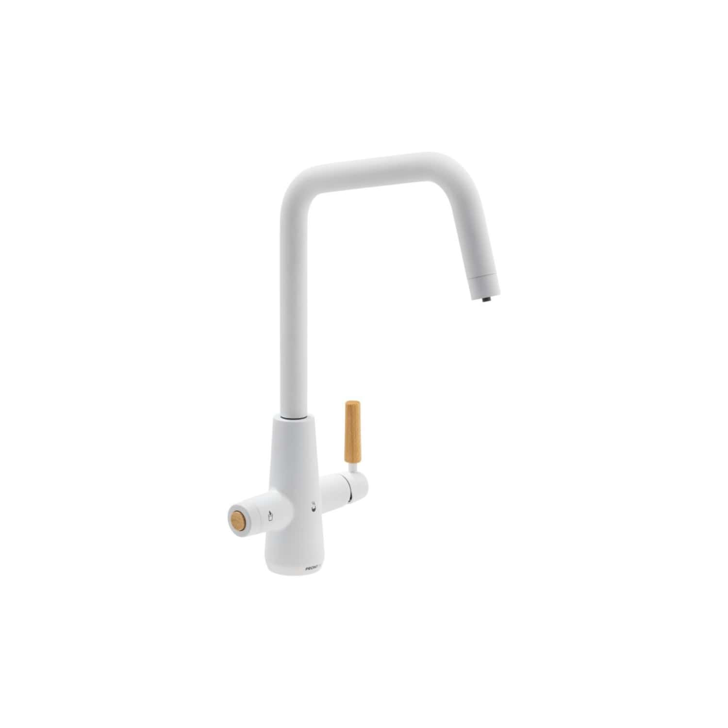 Modern white kitchen faucet with wooden accents, flexible spout, and single lever handle, ideal for contemporary bathroom or kitchen sink installations.