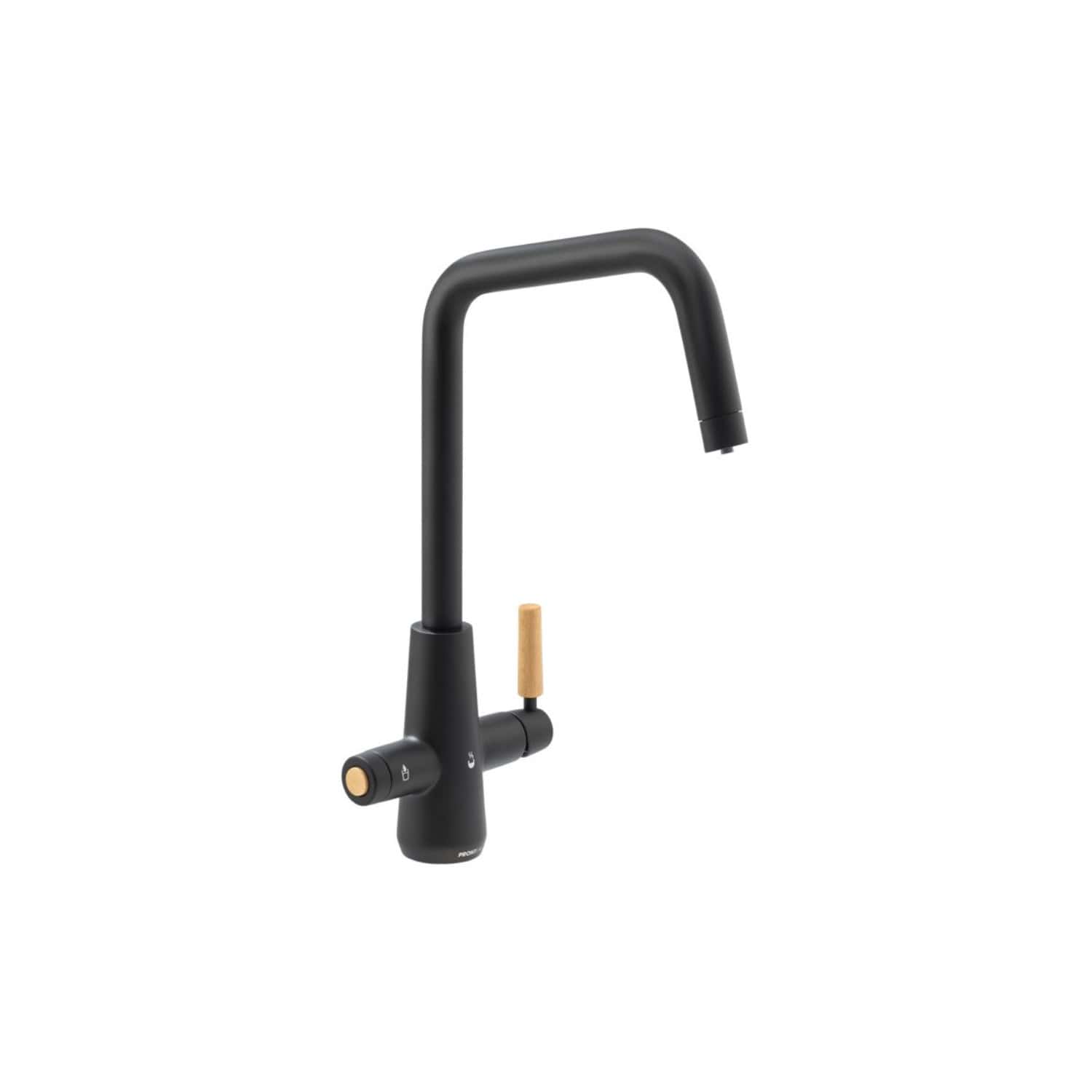 Sleek black kitchen tap with a matte finish, featuring a wooden handle for easy temperature control, ideal for modern bathroom or kitchen renovations. Durable and stylish design.