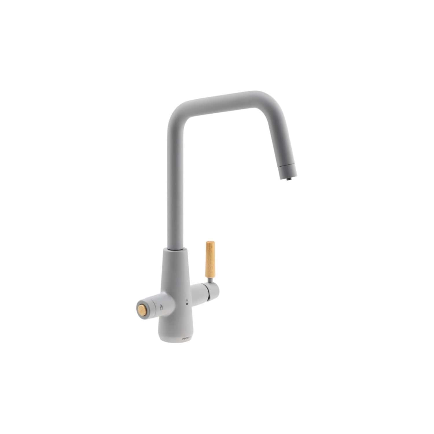 Grey modern kitchen mixer tap with wooden handle on a white background.