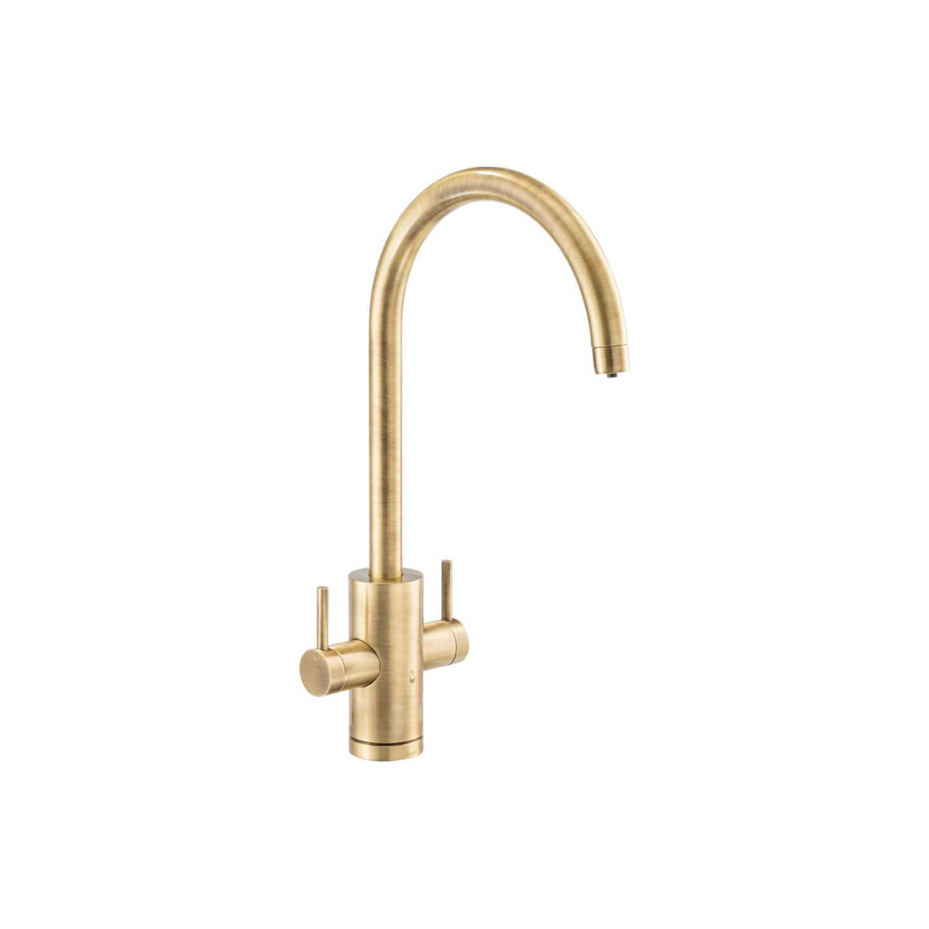 Elegant gold kitchen tap with high arch spout and dual lever handles, ideal for modern bathroom or kitchen renovations. Durable brass construction for long-lasting use.