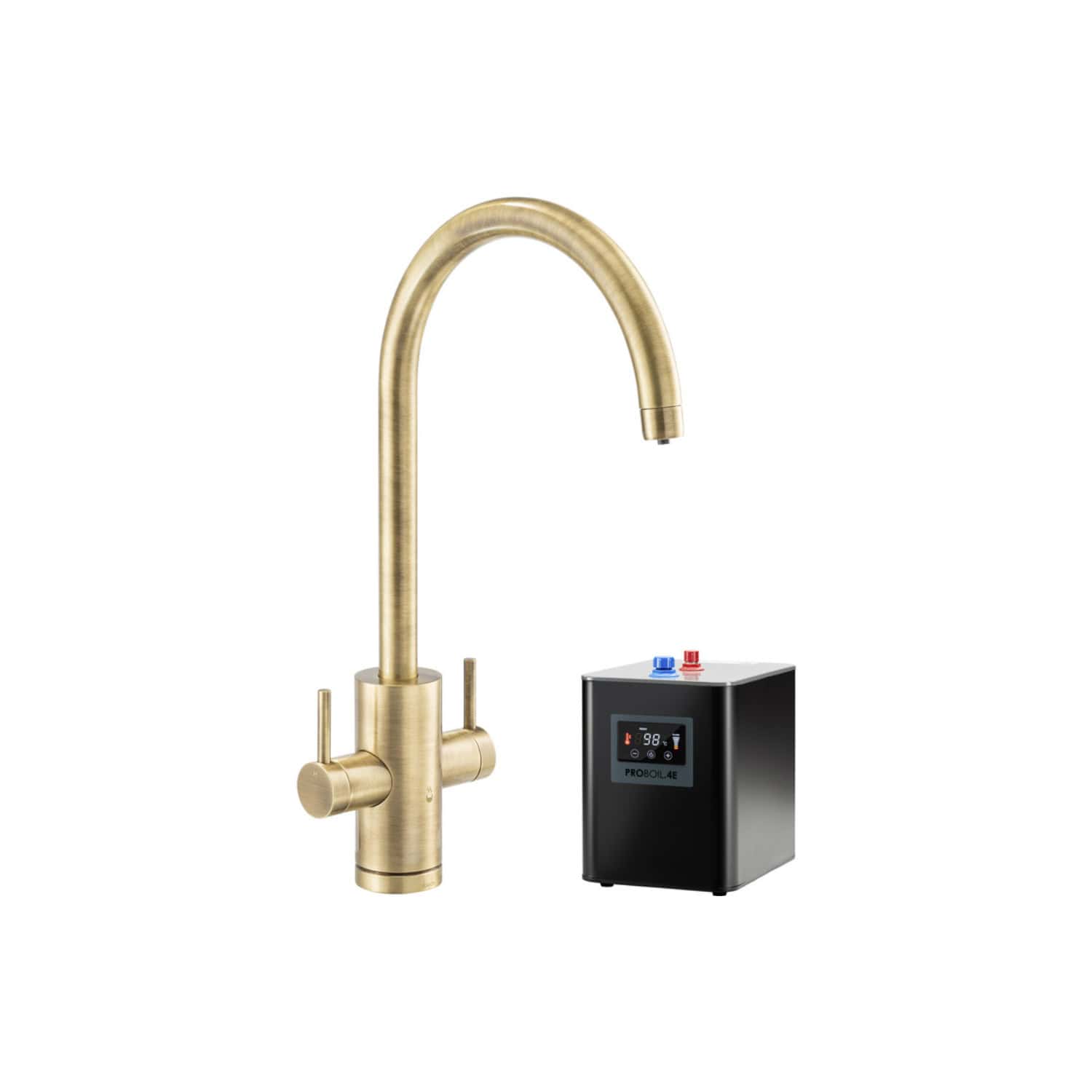 Luxury gold kitchen tap with digital water heating control system, modern and stylish design, ideal for contemporary bathrooms and kitchens.