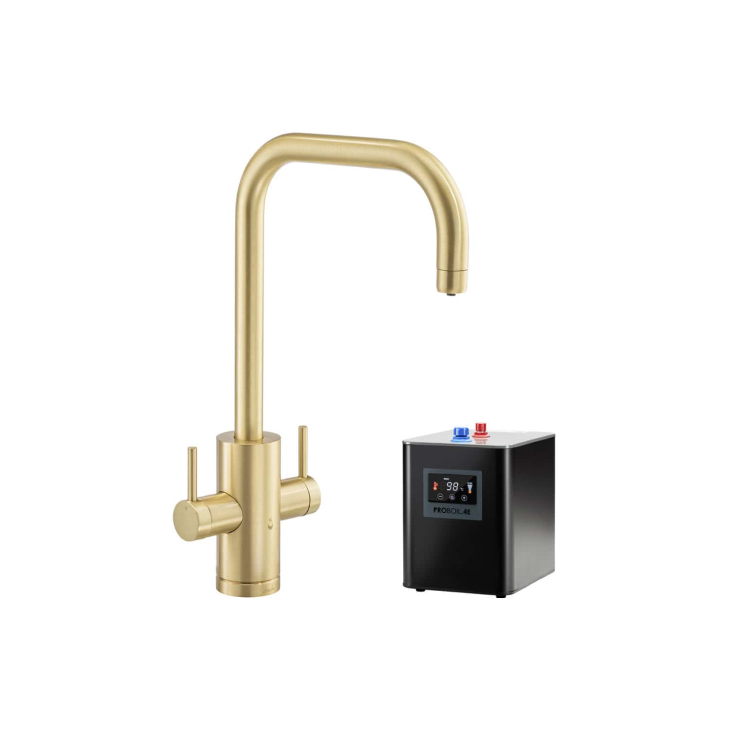 Sleek gold kitchen tap with digital water temperature control and filtration system ideal for modern bathrooms and kitchens. Perfect for luxury bathroom refurbishment.