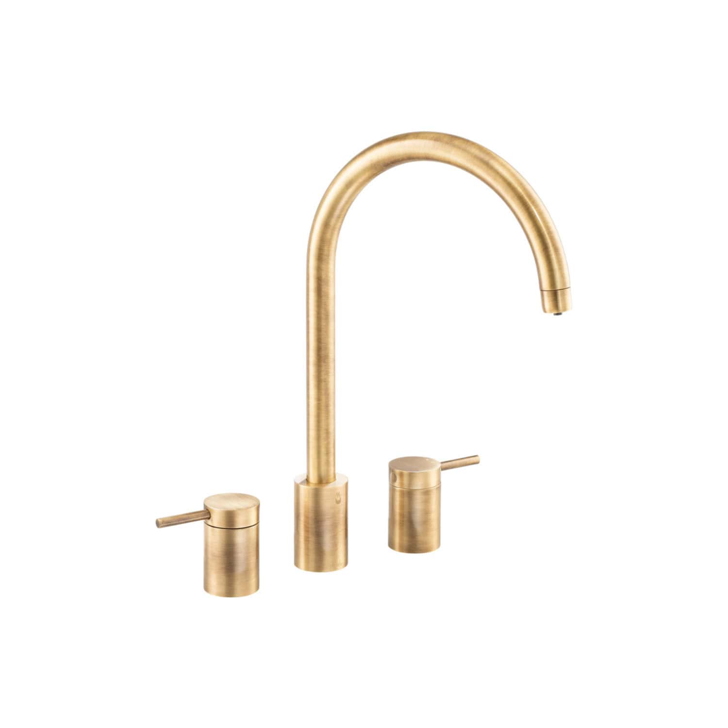 Brass finish kitchen sink tap with dual handles and high arched spout, ideal for contemporary bathroom and kitchen upgrades, offering durability and modern style.