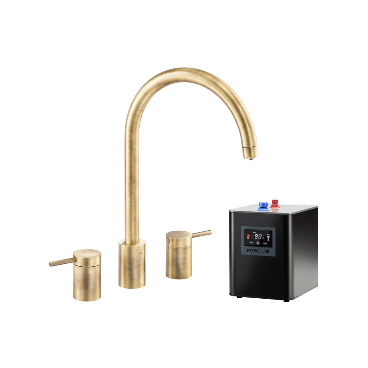 Brass kitchen faucet with touchless sensor and water heater system, ideal for modern bathrooms and kitchens, offering convenience and efficient hot and cold water supply.