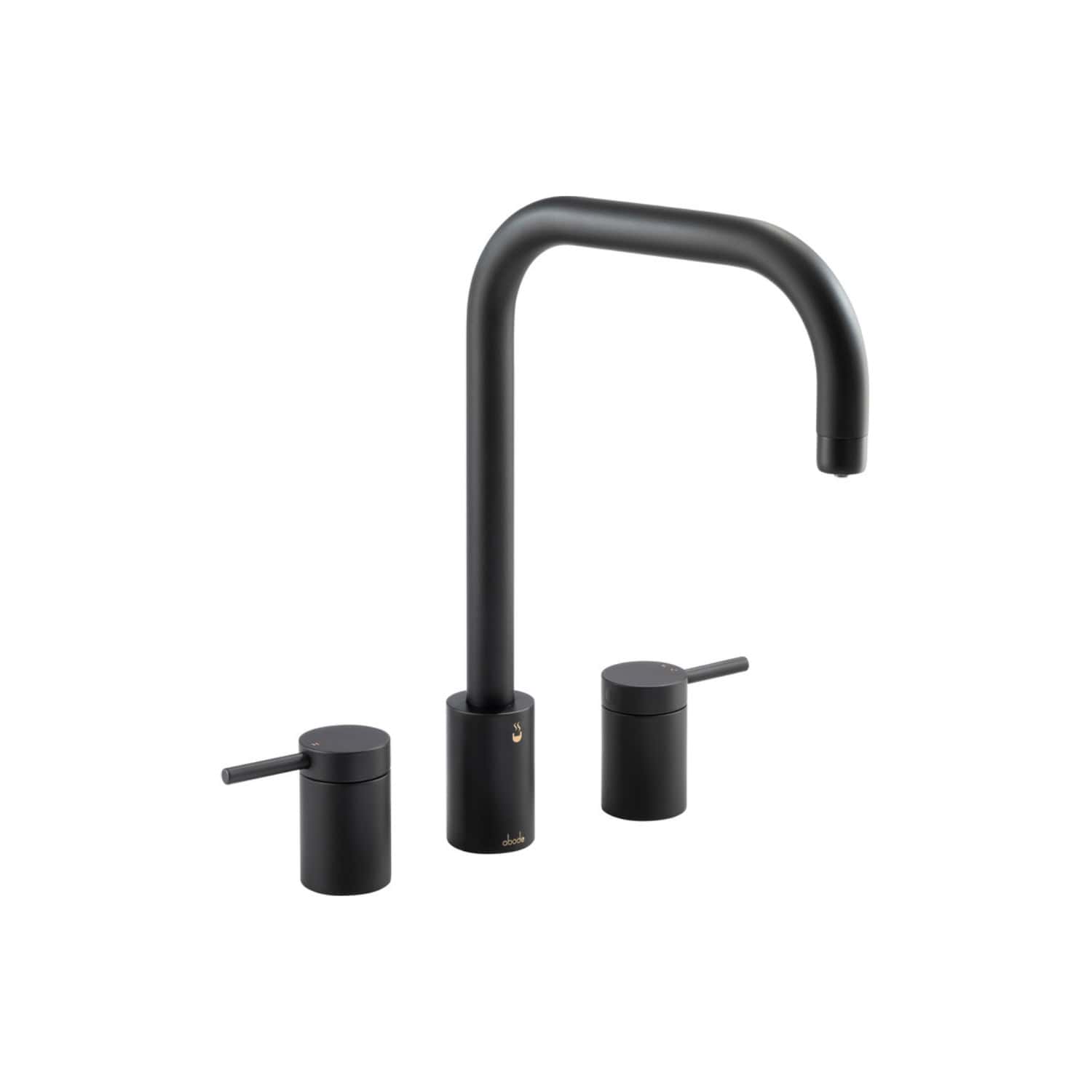 Sleek matte black kitchen tap with dual handles and a high-arc spout, ideal for modern bathrooms and kitchens, featuring touch controls and elegant design for luxurious space upgrade.
