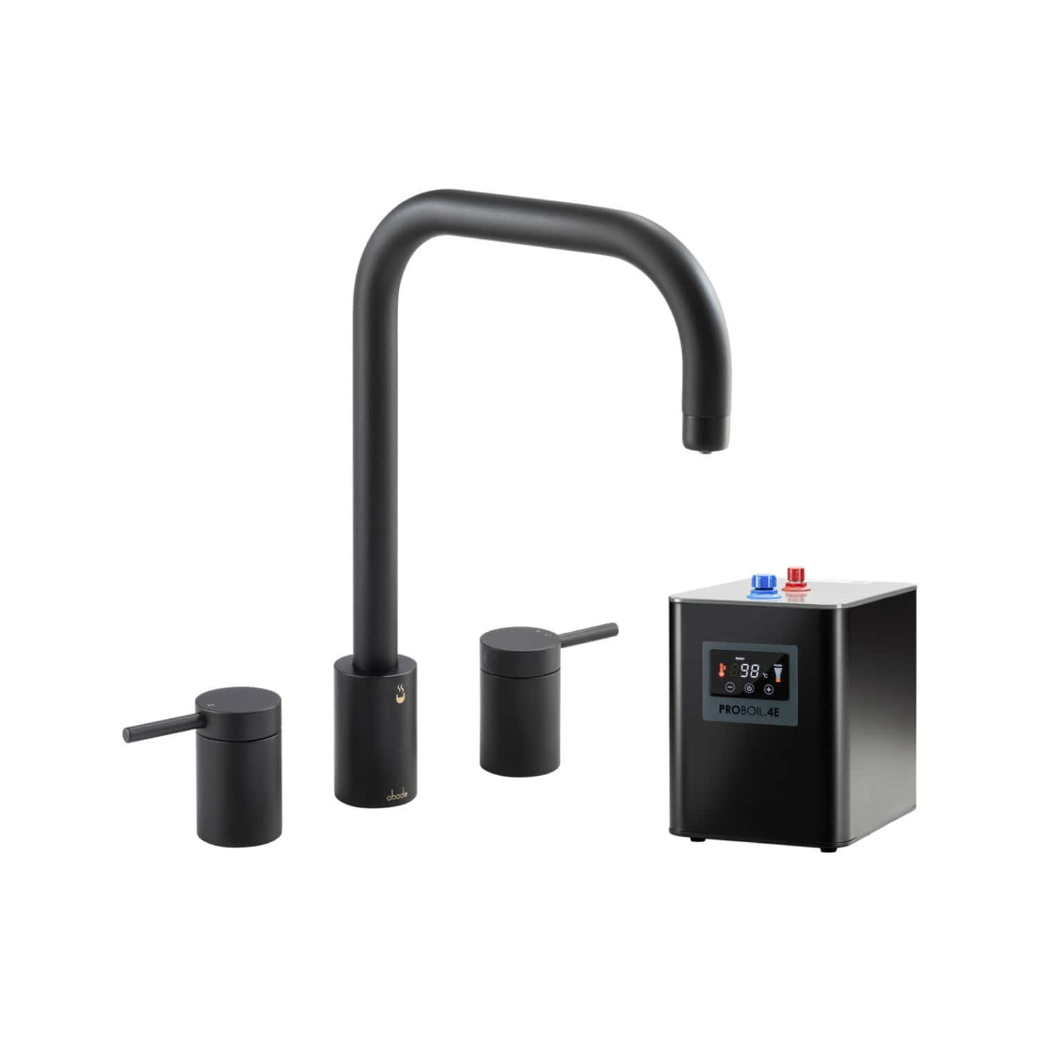 High-quality black kitchen tap with a touchless boiling water dispenser, designed for modern bathrooms and kitchens, featuring LED display and temperature control for convenience and safety.