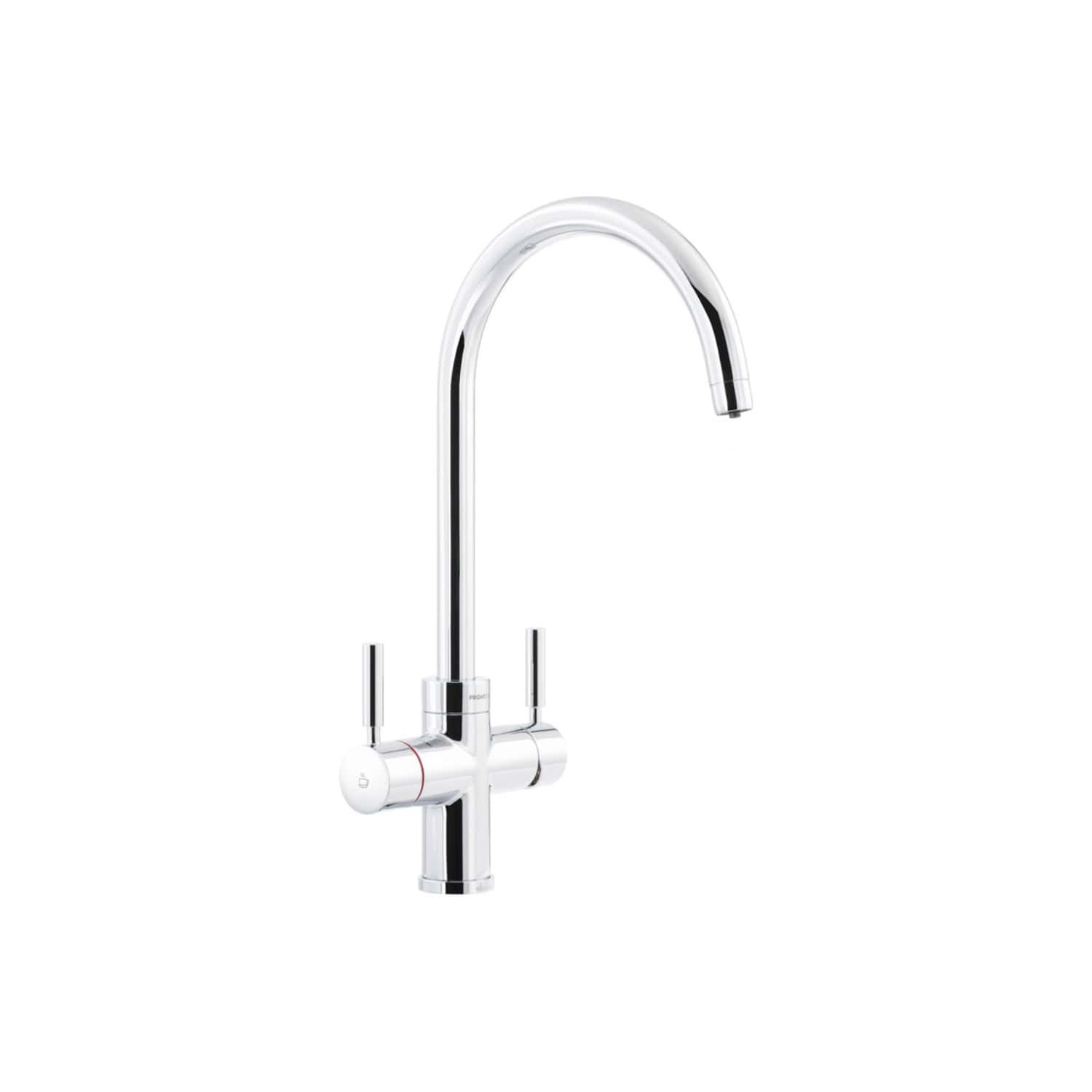 Shiny chrome kitchen mixer tap with dual levers and high-arc spout, ideal for modern bathroom or kitchen installations. Durable and easy to operate, perfect for stylish, functional plumbing fixtures.