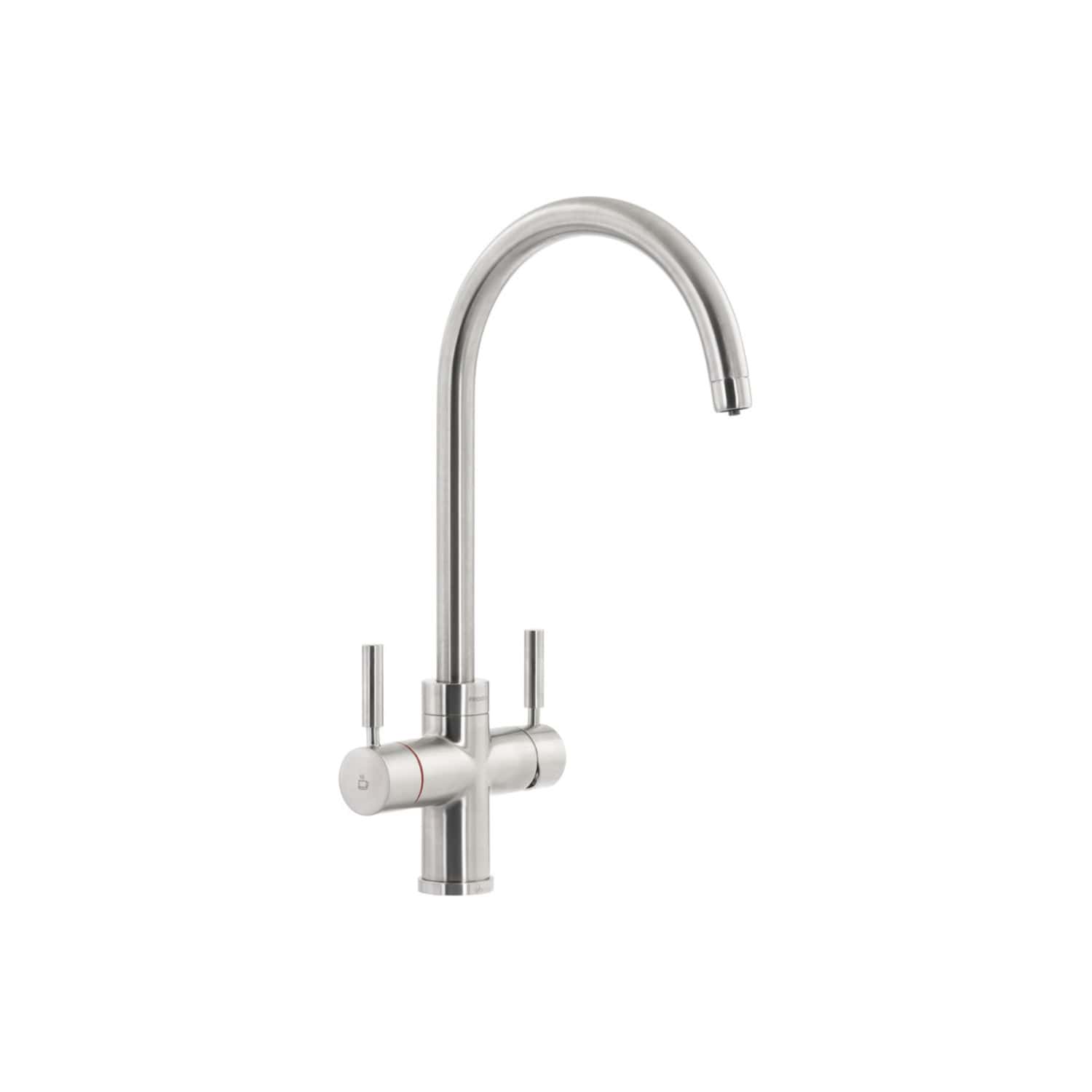 Sleek stainless steel kitchen tap with high-arc spout and dual levers, ideal for modern Bubly bathrooms and kitchens, offering durable performance and stylish design.