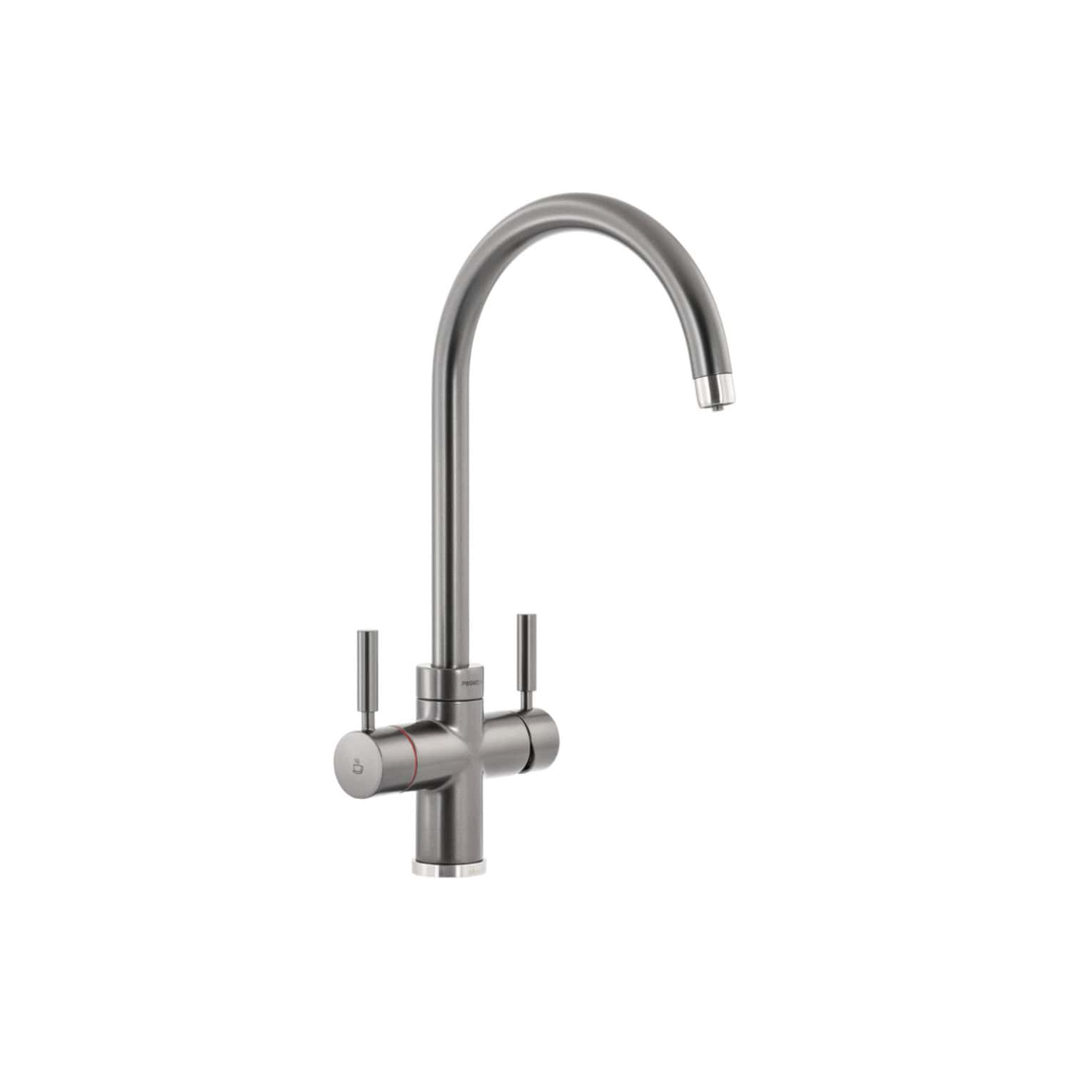 Brushed stainless steel kitchen tap with a high-curved spout and dual lever handles, ideal for modern bathroom or kitchen refurbishment. Perfect for easy, stylish water control in contemporary bathrooms.