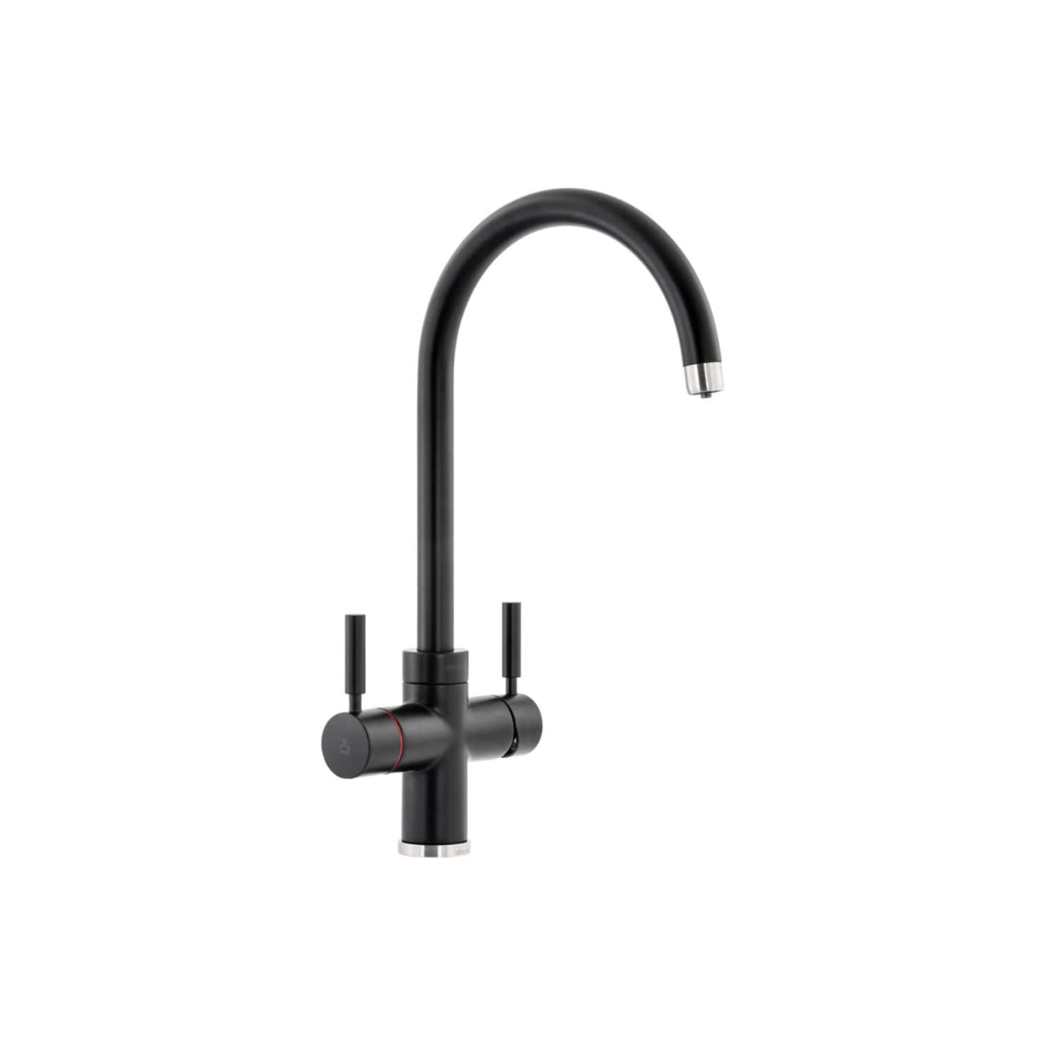 Sleek black kitchen tap with pull-down spout and dual lever handles, modern design perfect for contemporary bathrooms or kitchens. Durable finish for long-lasting use.
