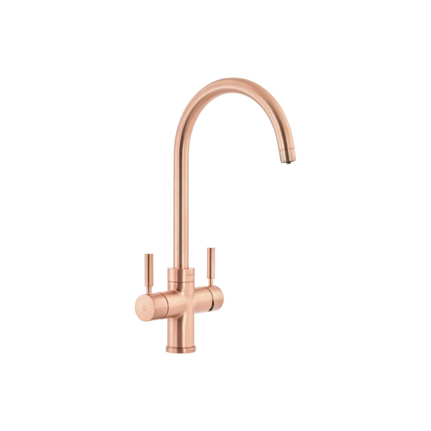 Polished rose gold kitchen tap with dual handles and high-arc spout, modern bathroom fixture for stylish sinks and kitchen basins.