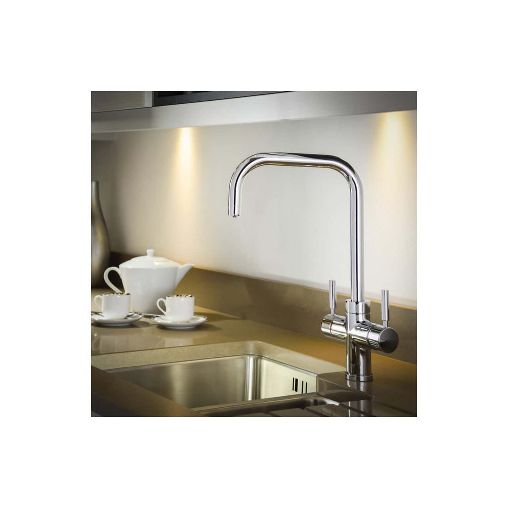 Sleek chrome kitchen tap with high arc spout in modern kitchen setting.