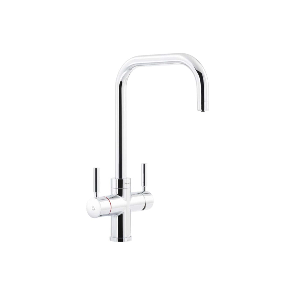 Sleek modern chrome kitchen sink faucet with a high-arc spout and dual lever handles, perfect for contemporary bathrooms and kitchens.
