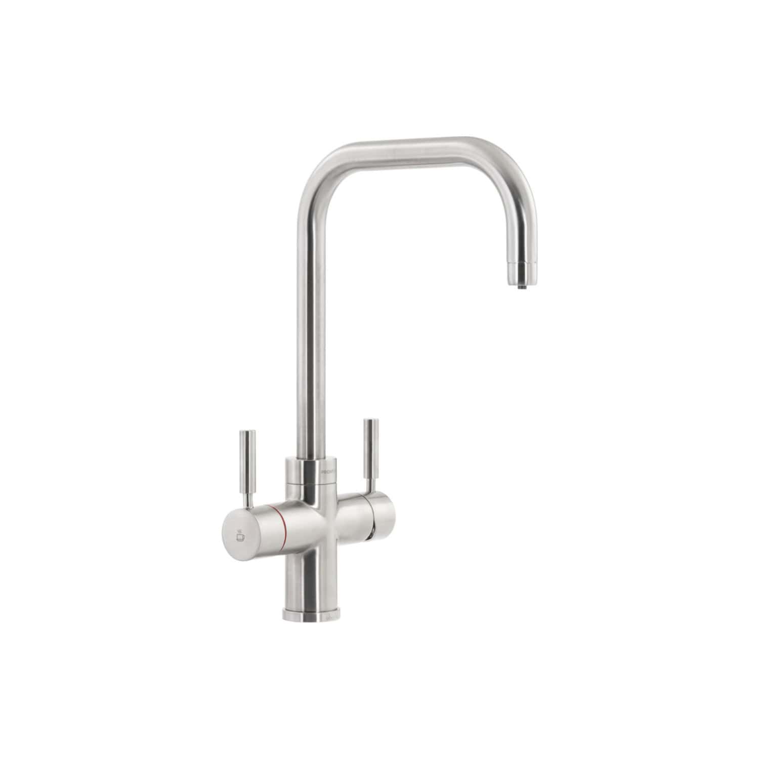 Sleek stainless steel kitchen tap with dual handles and tall curved spout for modern bathroom or kitchen use, easy to operate and install.