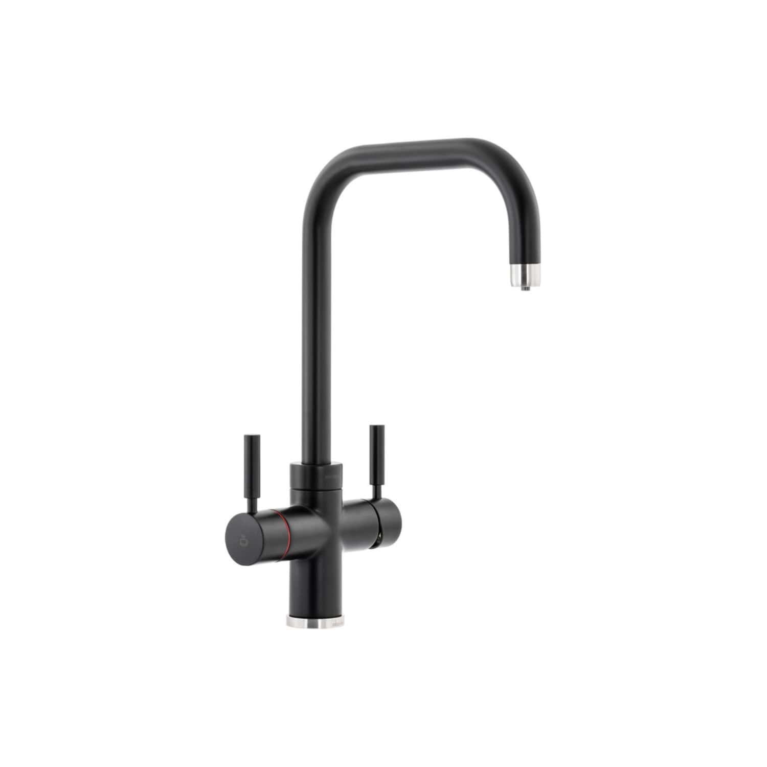 Sleek black modern kitchen tap with dual handles and a high-arc spout, ideal for contemporary bathrooms and kitchens. Durable, stylish, and easy to install, perfect for upgrading your bathroom or kitchen sink.