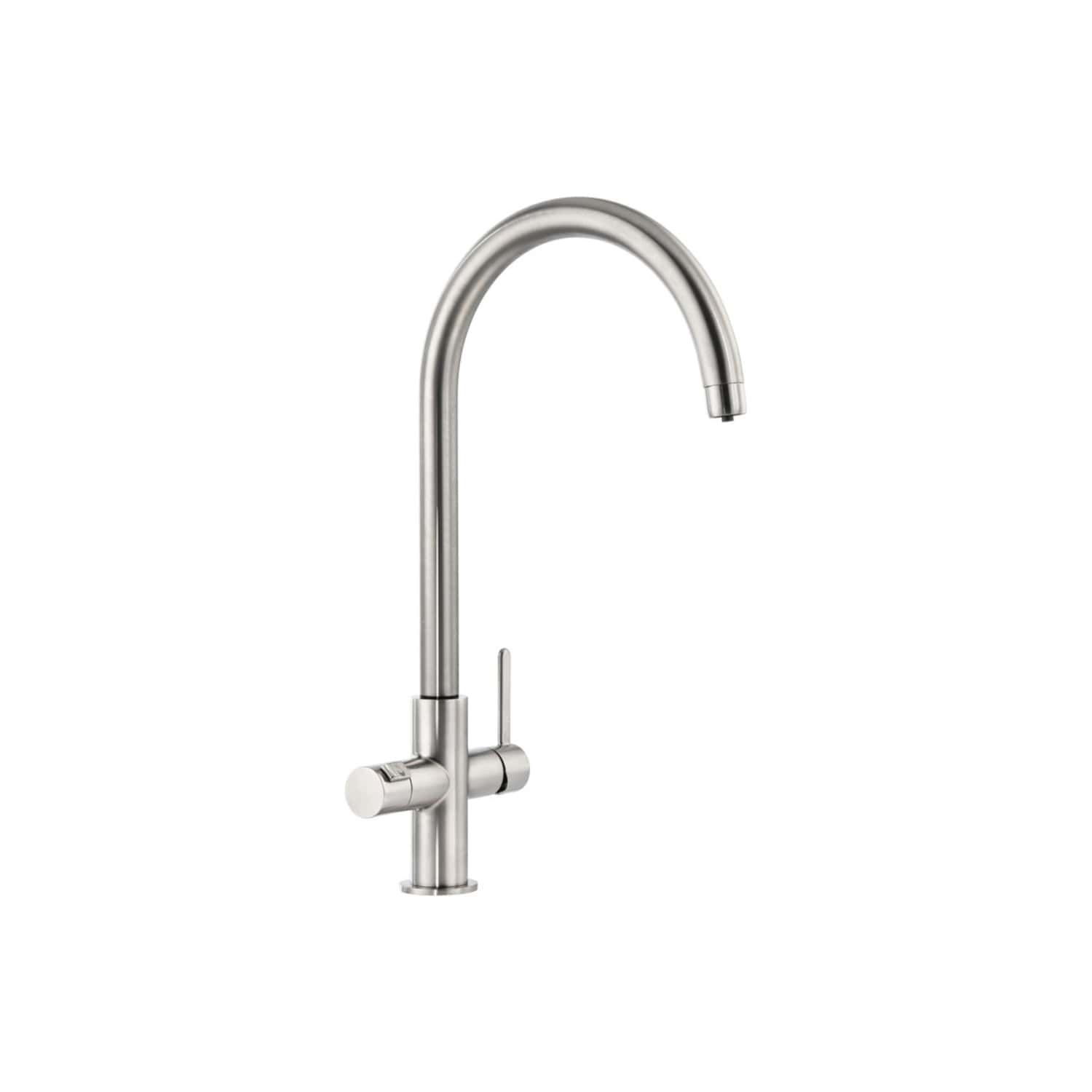 Modern stainless steel kitchen tap with high-arc spout and single lever for easy control, ideal for contemporary bathroom or kitchen sinks. Perfect for stylish and functional modern bathrooms.