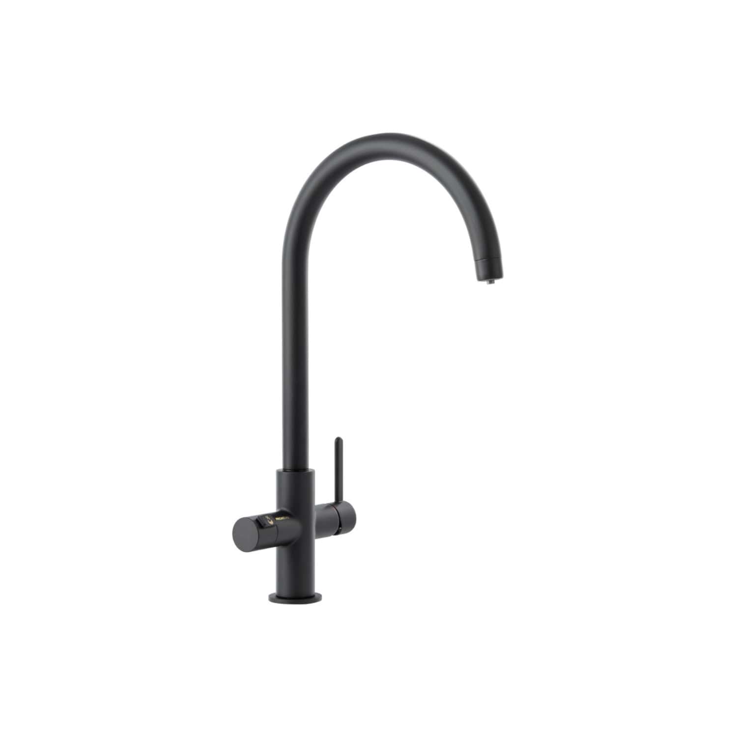Sleek black modern kitchen or bathroom tap with a high arc spout and single lever handle, ideal for contemporary bubly bathrooms or kitchens, featuring durable matte finish and easy-to-use design.