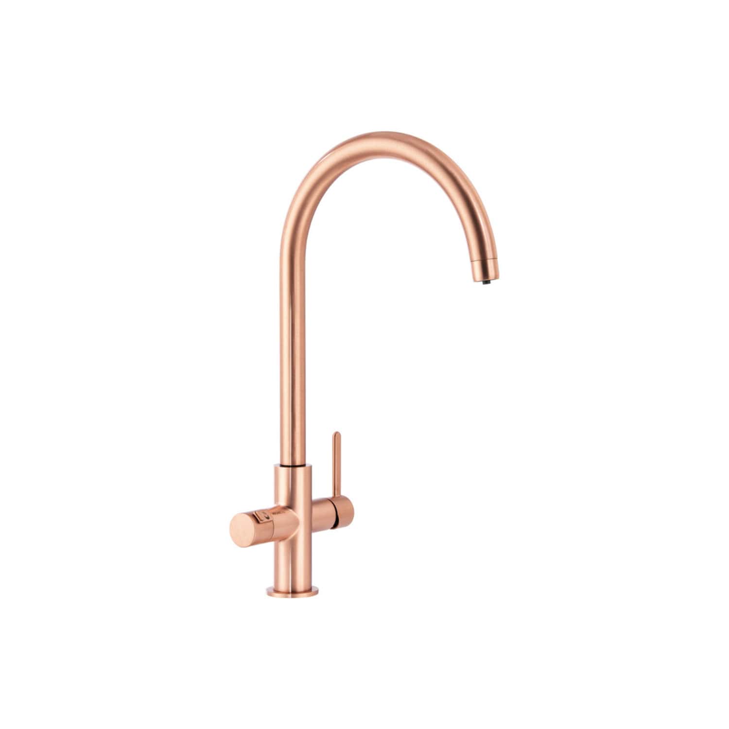 Polished copper kitchen or bathroom tap with high-arc spout and single lever handle, modern design, ideal for contemporary bathrooms and kitchens.