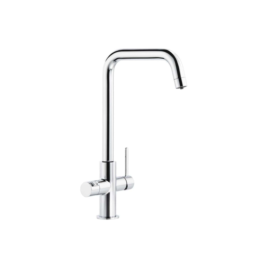 Sleek modern chrome kitchen tap with high-arc design and single lever for easy water control, ideal for contemporary bathrooms and kitchens. Perfect for stylish and functional bathroom renovation projects.