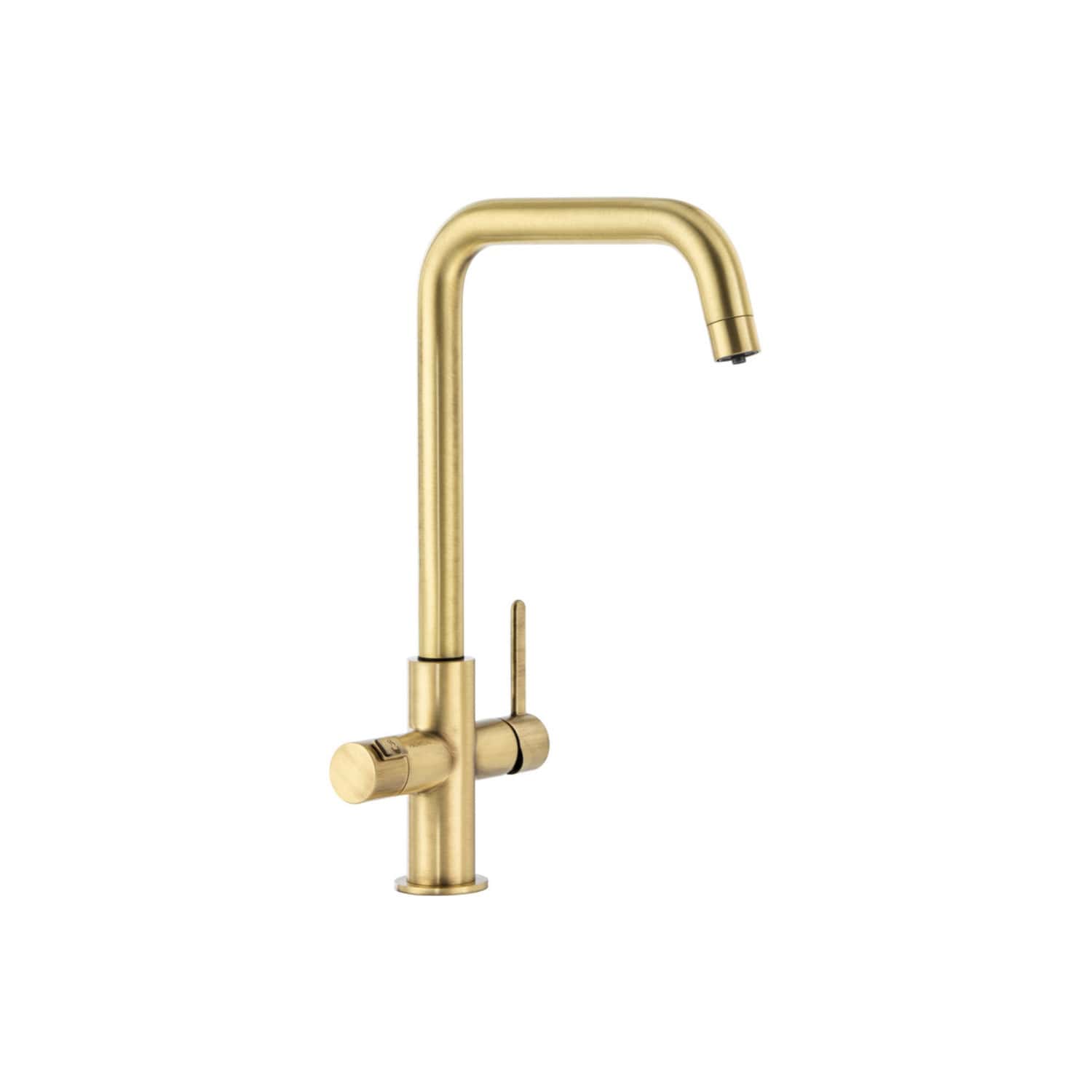 Sleek gold kitchen tap with a modern high-arc design, ideal for contemporary Bubly Bathrooms kitchen sink installations. Durable finish and easy-to-use lever for efficient water control.
